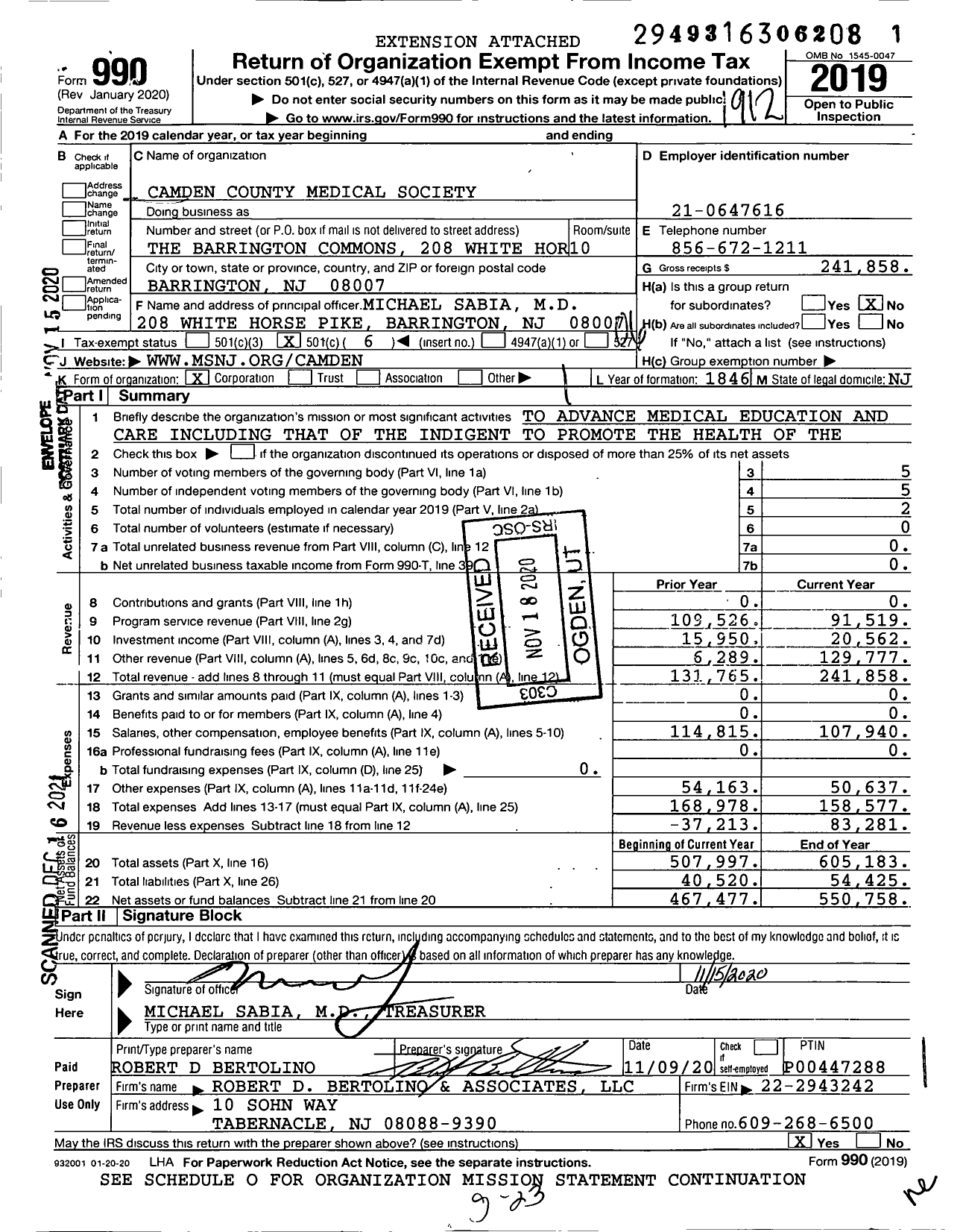 Image of first page of 2019 Form 990O for Camden County Medical Society