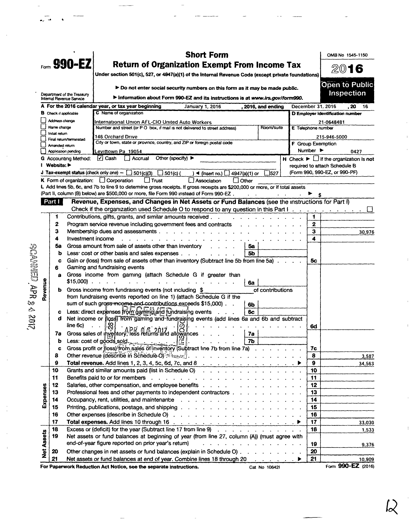 Image of first page of 2016 Form 990EO for Uaw - 502 Uaw Local