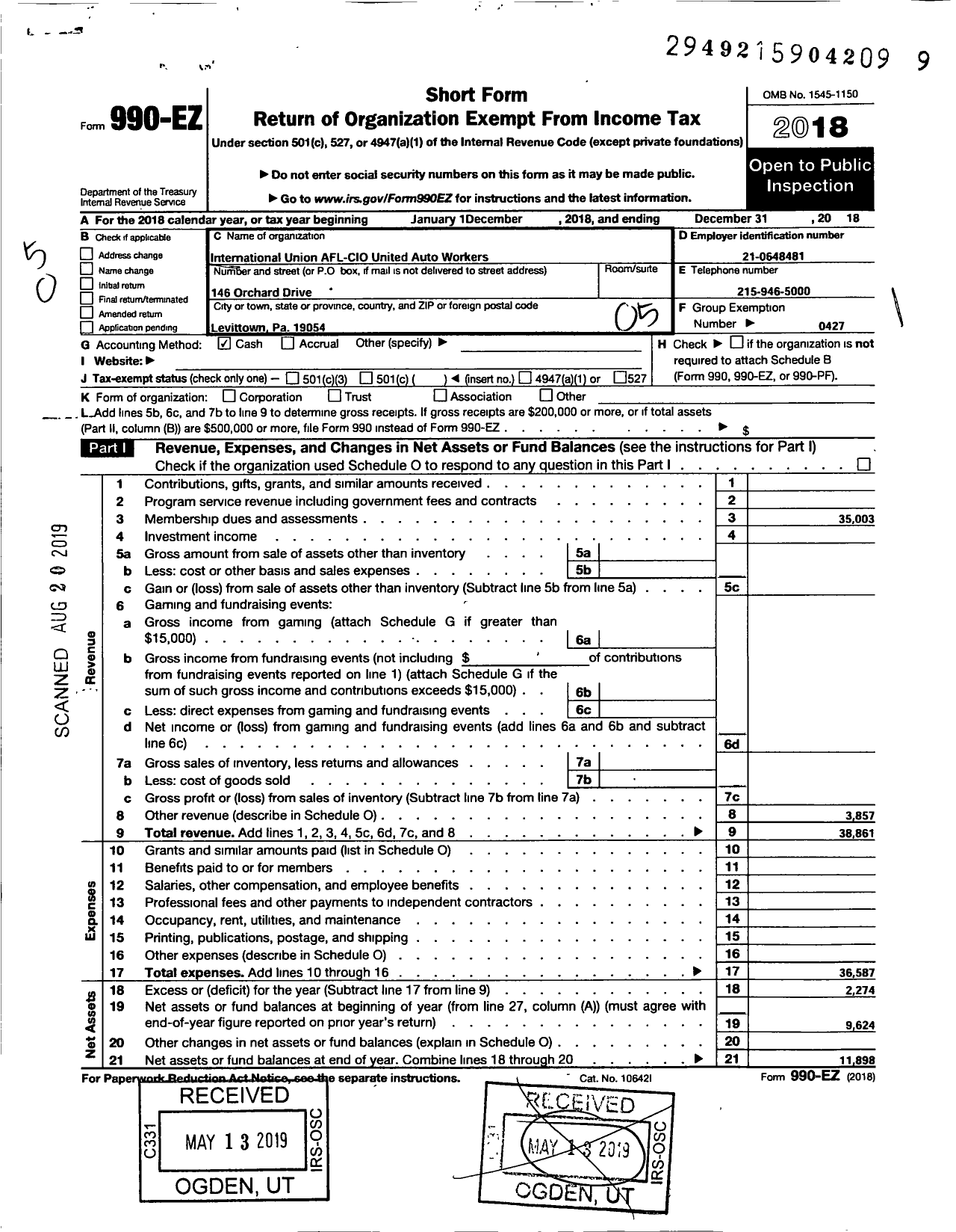 Image of first page of 2018 Form 990EO for Uaw - 502 Uaw Local