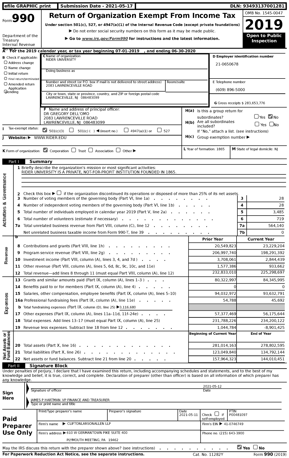 Image of first page of 2019 Form 990 for Rider University