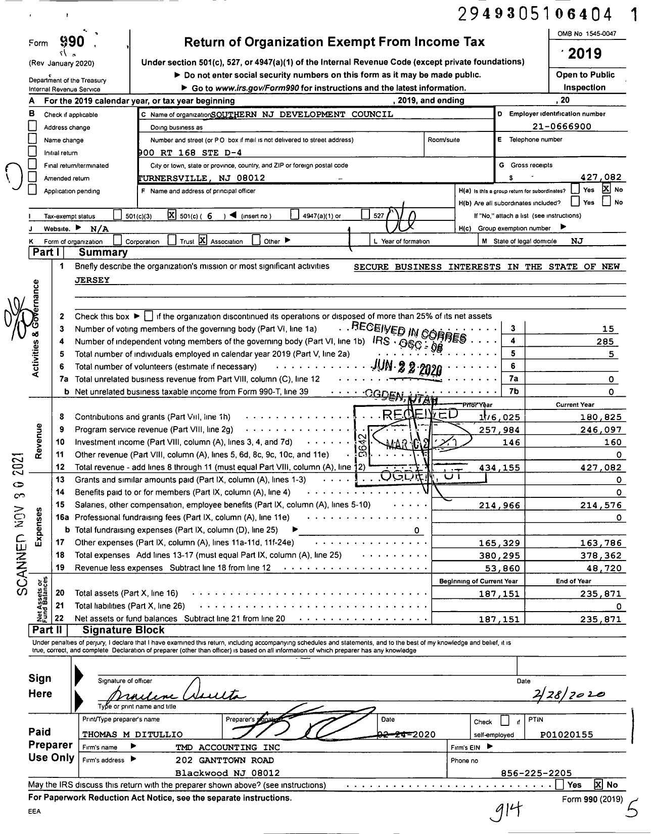 Image of first page of 2019 Form 990O for Southern NJ Development Council