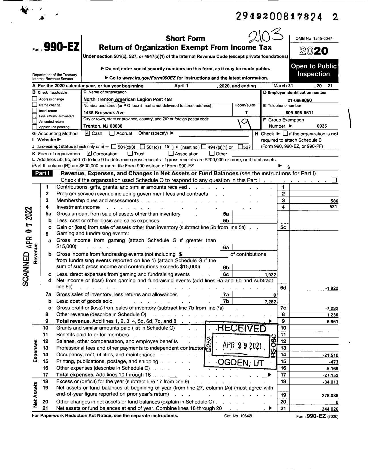 Image of first page of 2020 Form 990EO for AMERICAN LEGION - 458 North Trenton