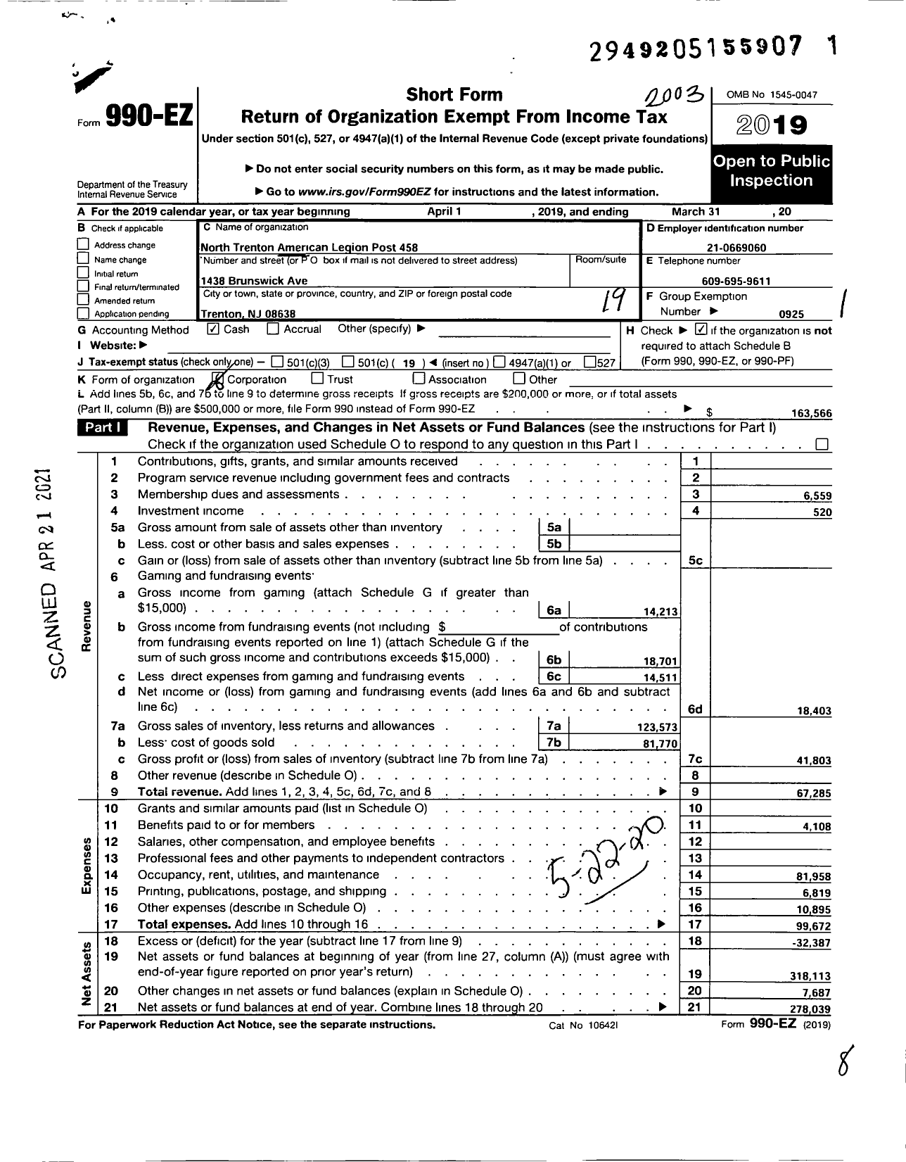 Image of first page of 2019 Form 990EO for AMERICAN LEGION - 458 North Trenton