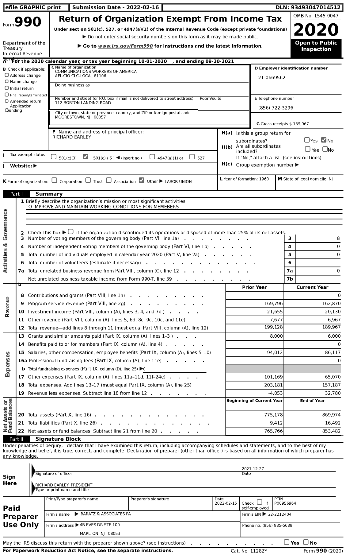 Image of first page of 2020 Form 990 for Communications Workers of America AFL-CIO Clc-Local 81106