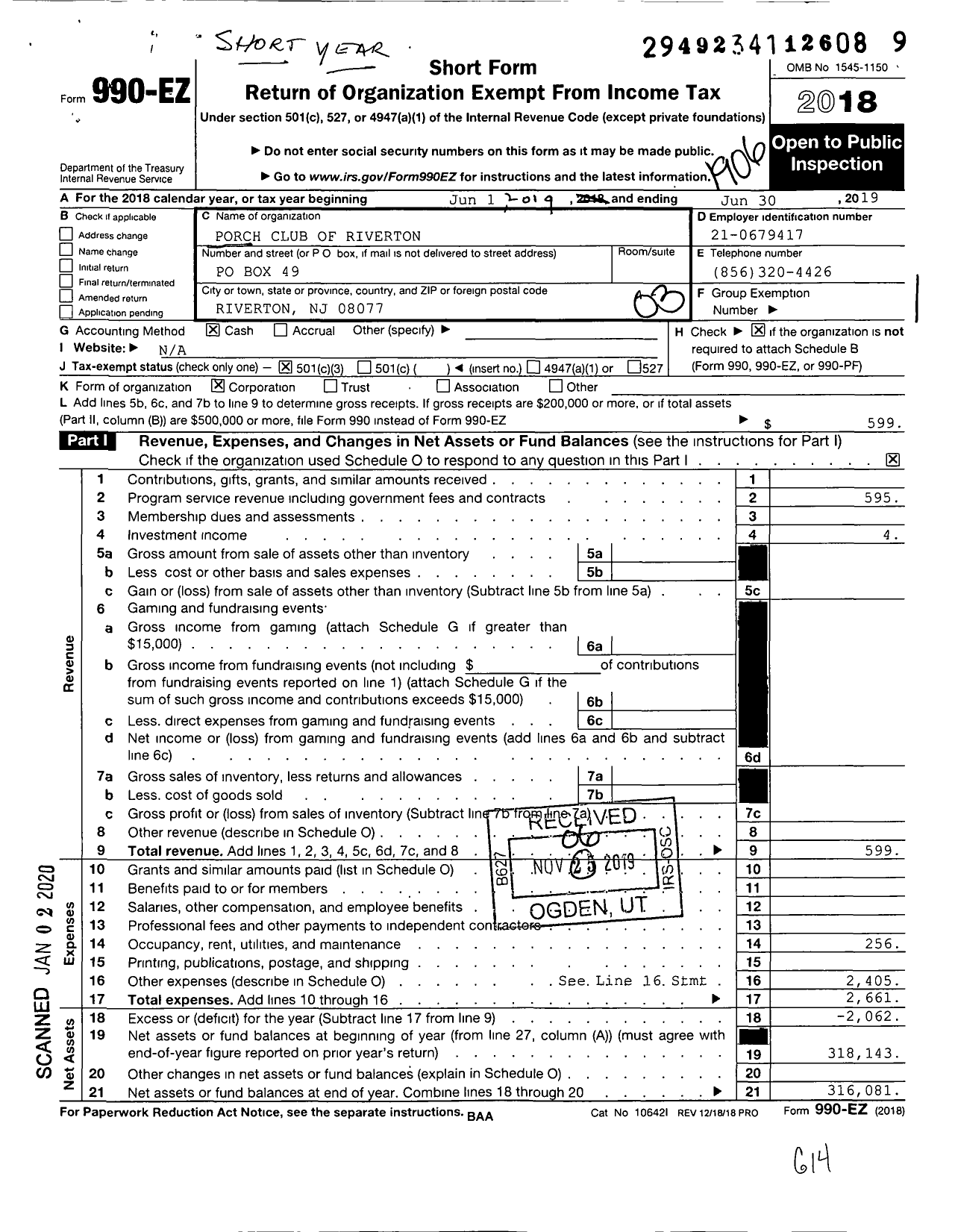 Image of first page of 2018 Form 990EZ for New Jersey State Federation of Women's Clubs - Porch Club of Riverton