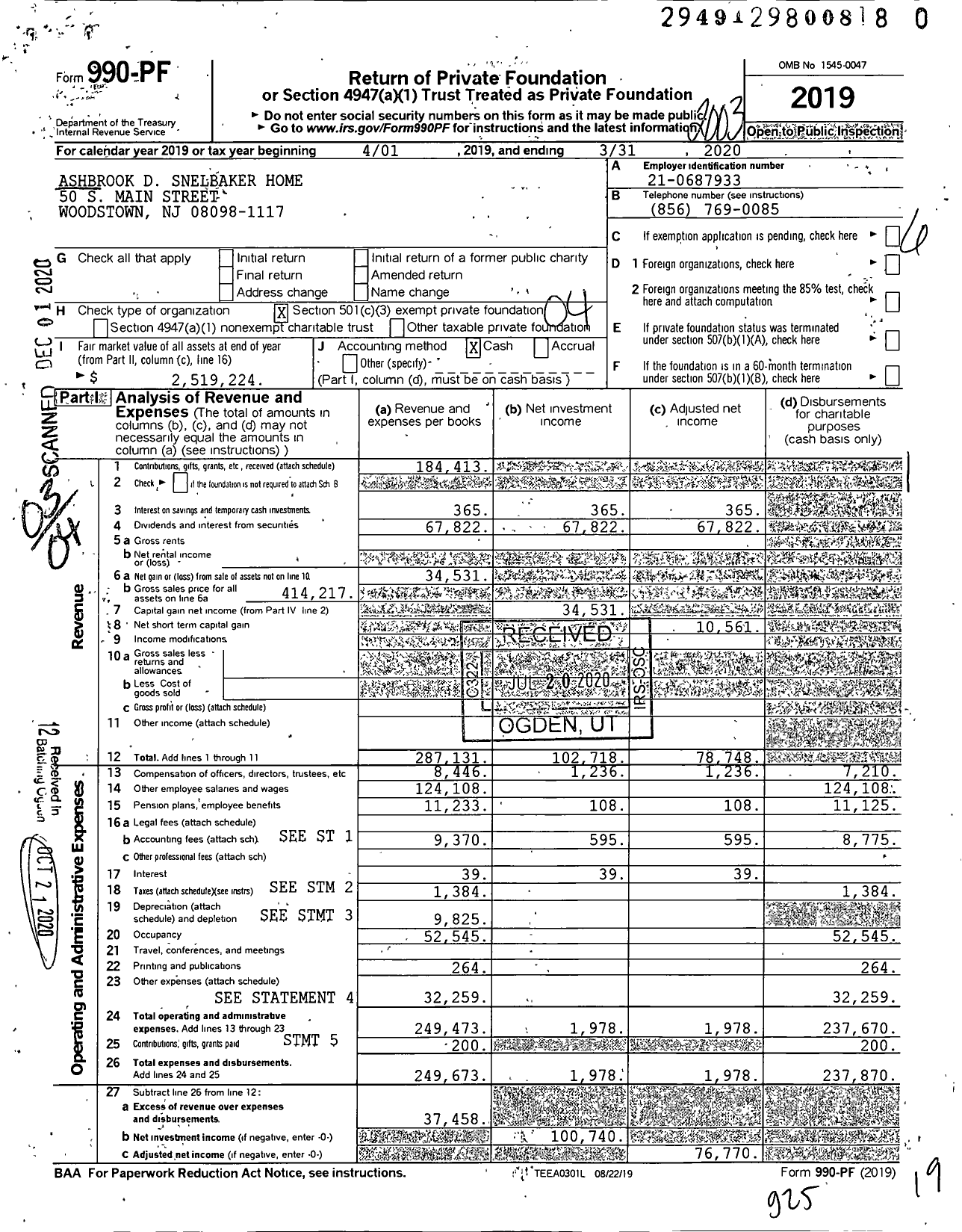 Image of first page of 2019 Form 990PF for Ashbrook D Snelbaker Home