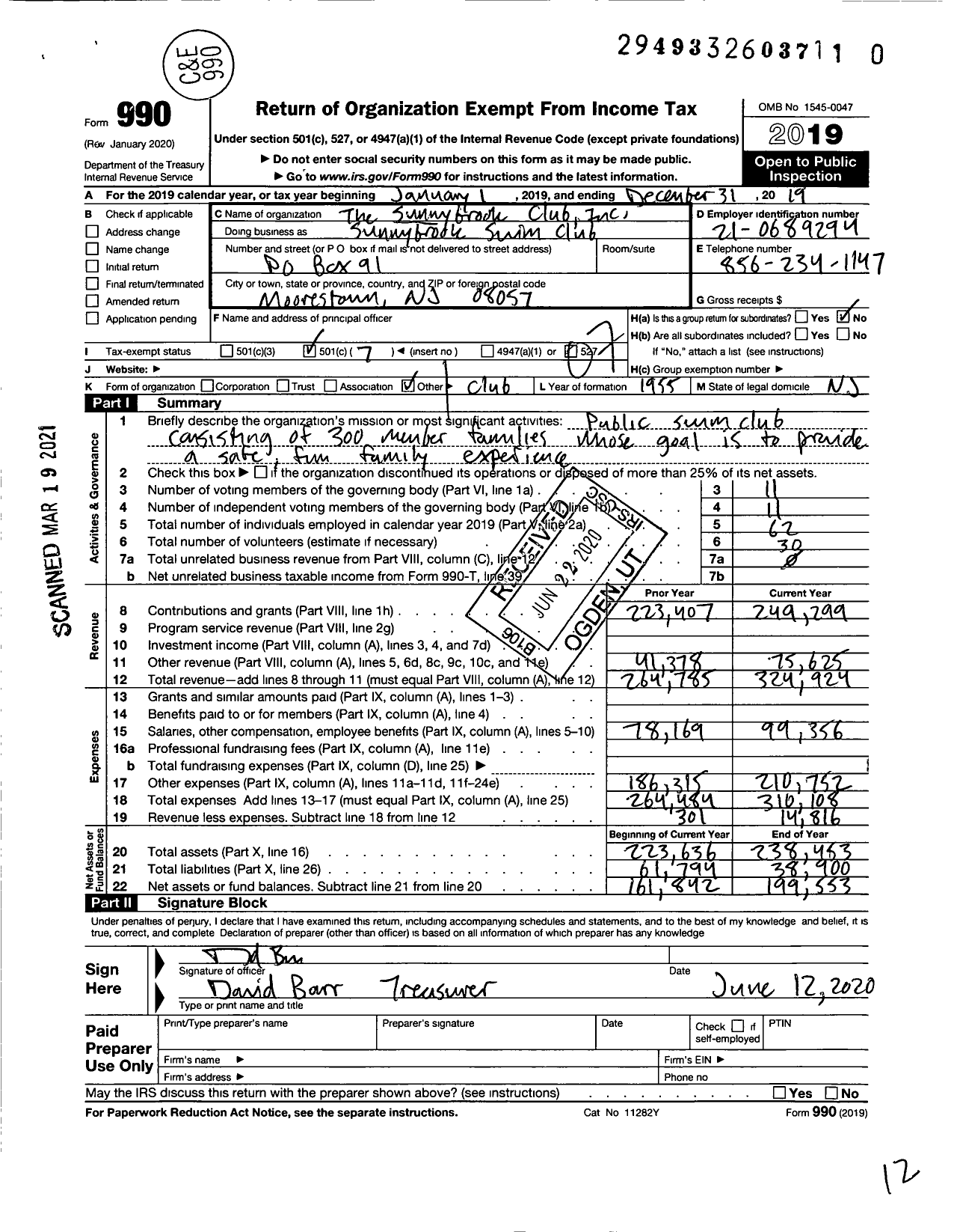 Image of first page of 2019 Form 990O for Sunnybrook Swim Club