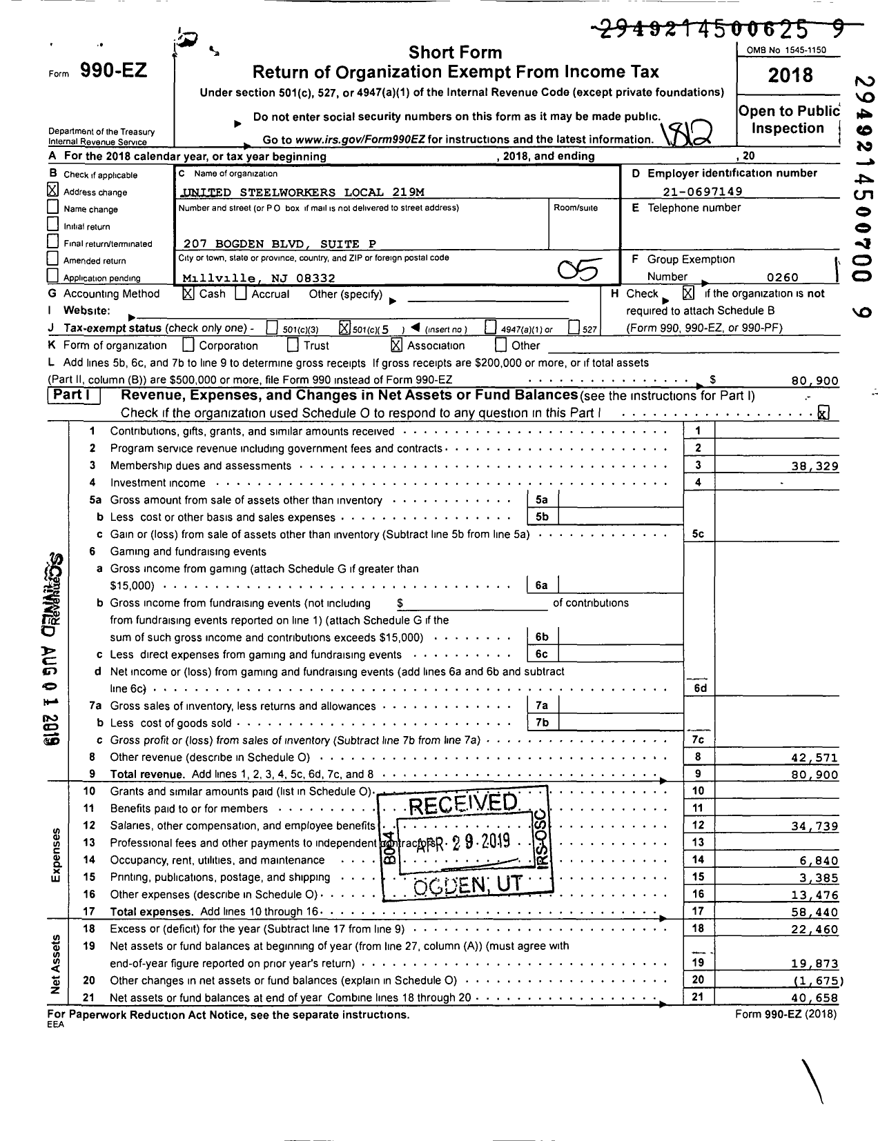 Image of first page of 2018 Form 990EO for United Steelworkers - 00219m Local