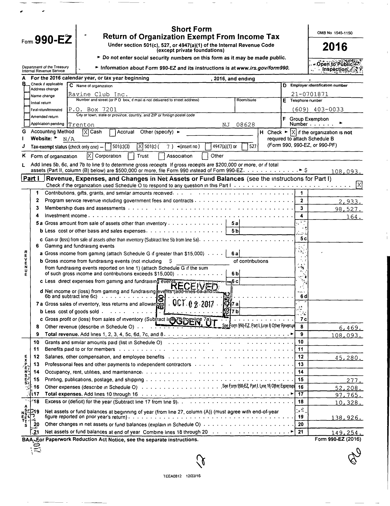 Image of first page of 2016 Form 990EO for Ravine Club