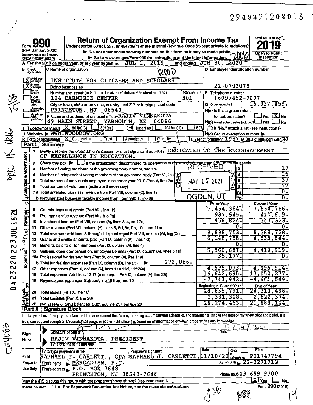 Image of first page of 2019 Form 990 for Woodrow Wilson Nat'l Fellowship Foundation