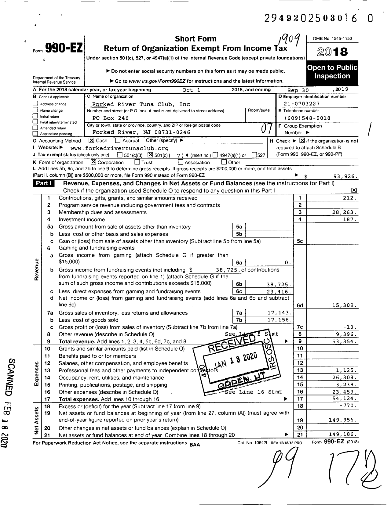 Image of first page of 2018 Form 990EO for Forked River Tuna Club