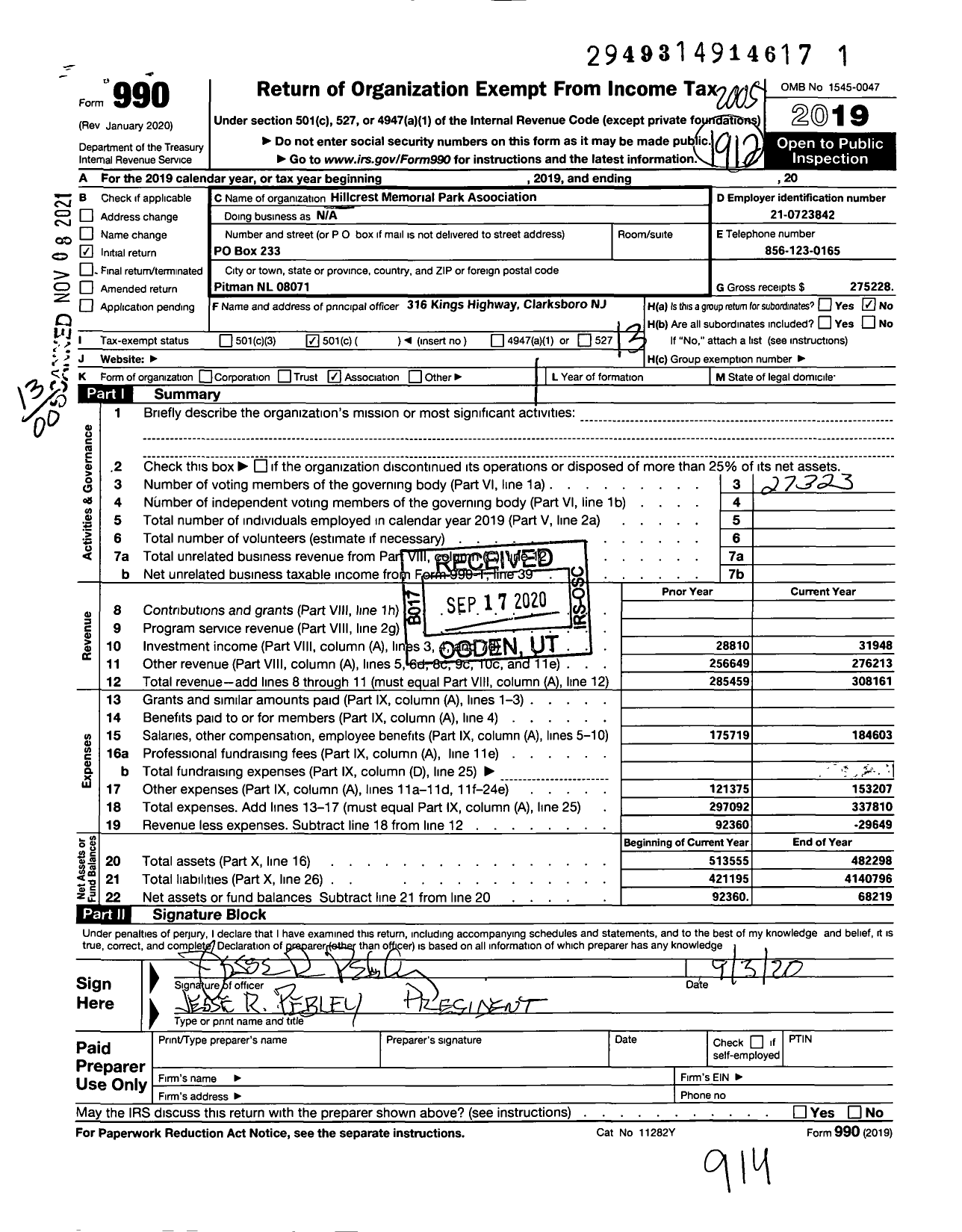 Image of first page of 2019 Form 990O for Hillcrest Memorial Park Association