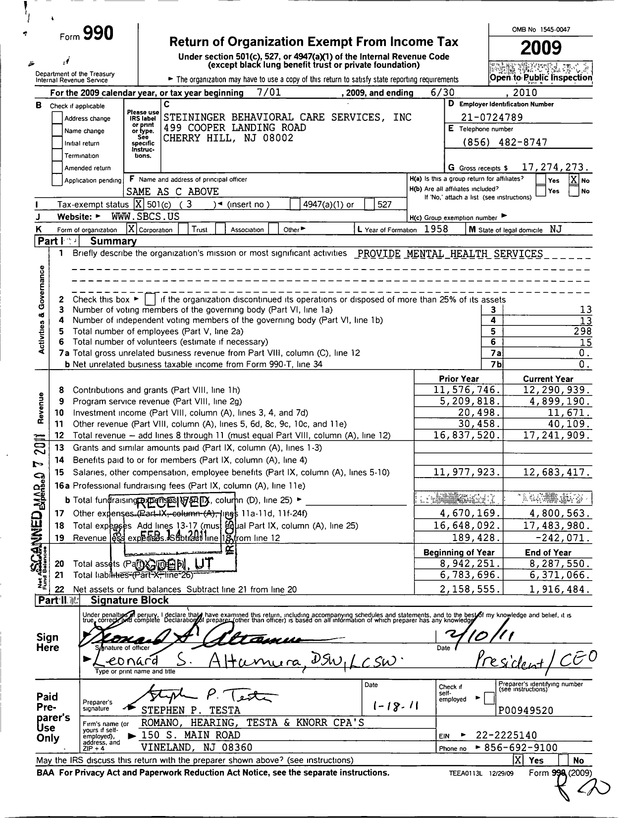 Image of first page of 2009 Form 990 for Steininger Behavioral Care Services