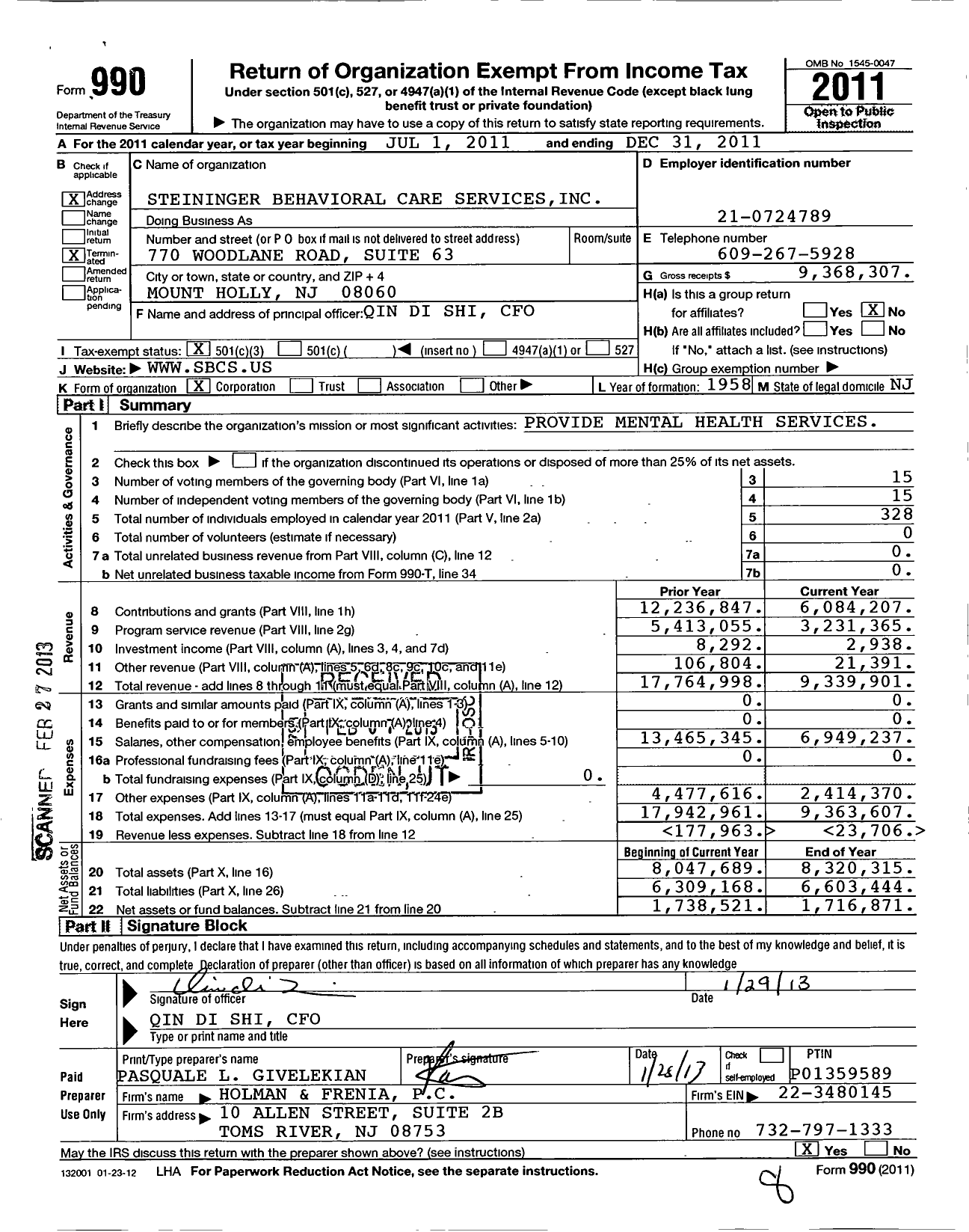 Image of first page of 2011 Form 990 for Steininger Behavioral Care Services