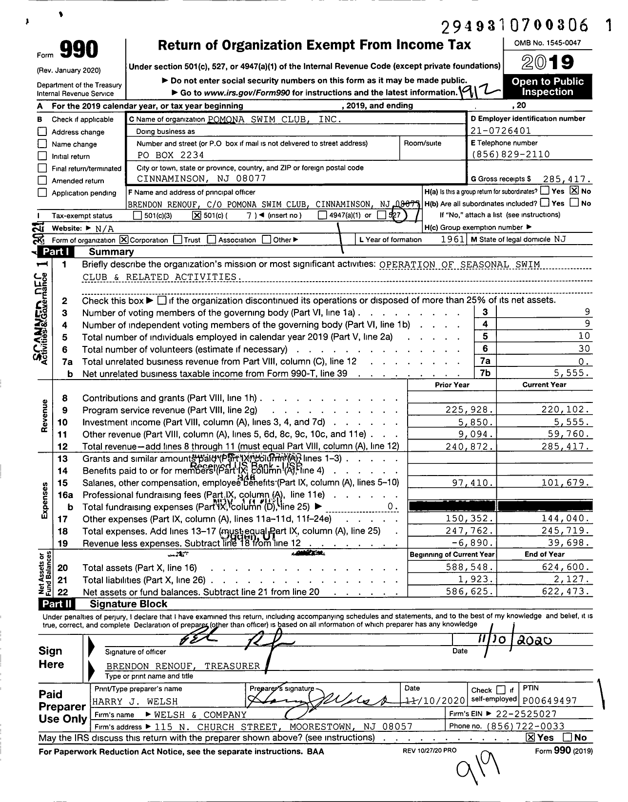 Image of first page of 2019 Form 990O for Pomona Swim Club