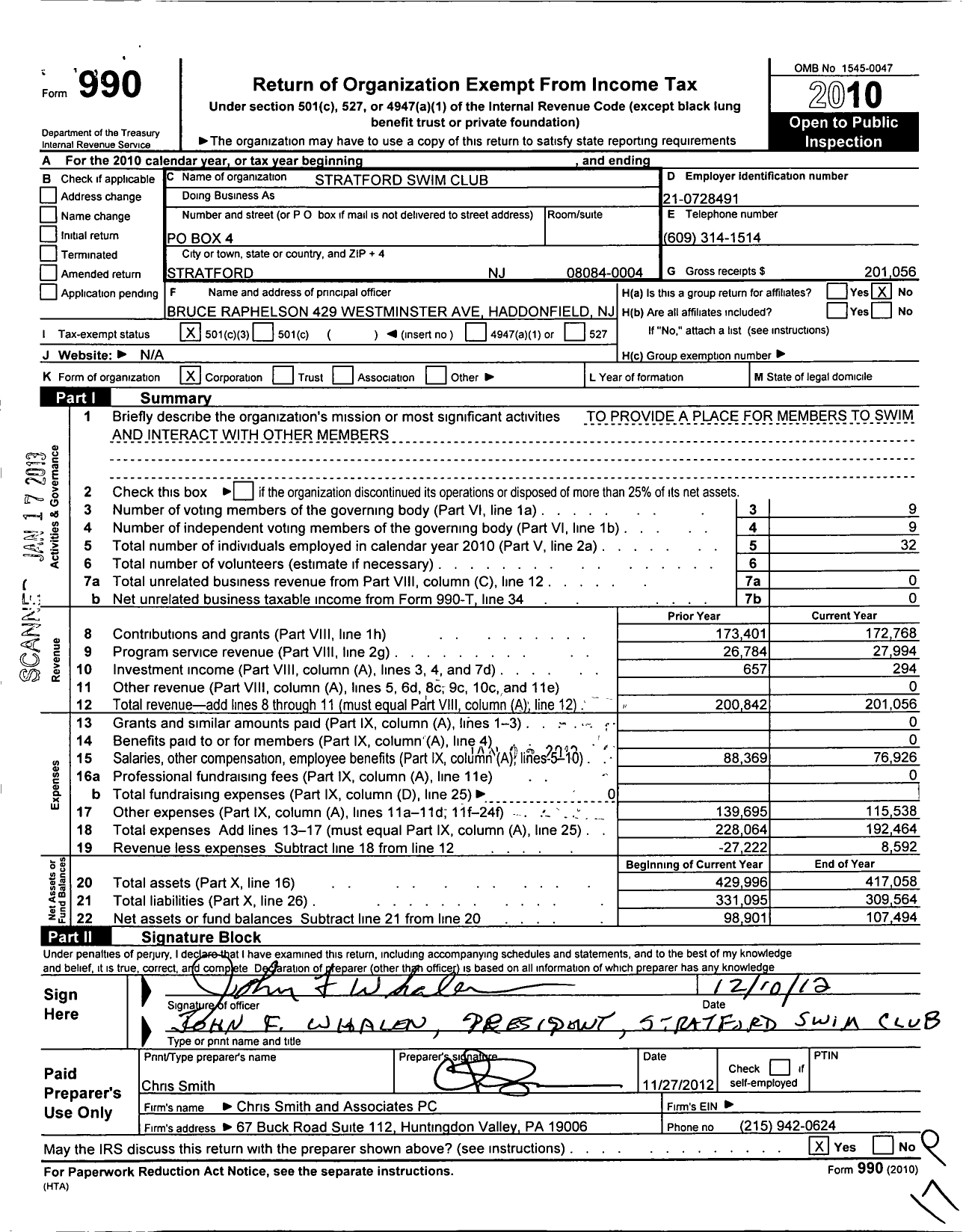Image of first page of 2010 Form 990 for Stratford Swim Club
