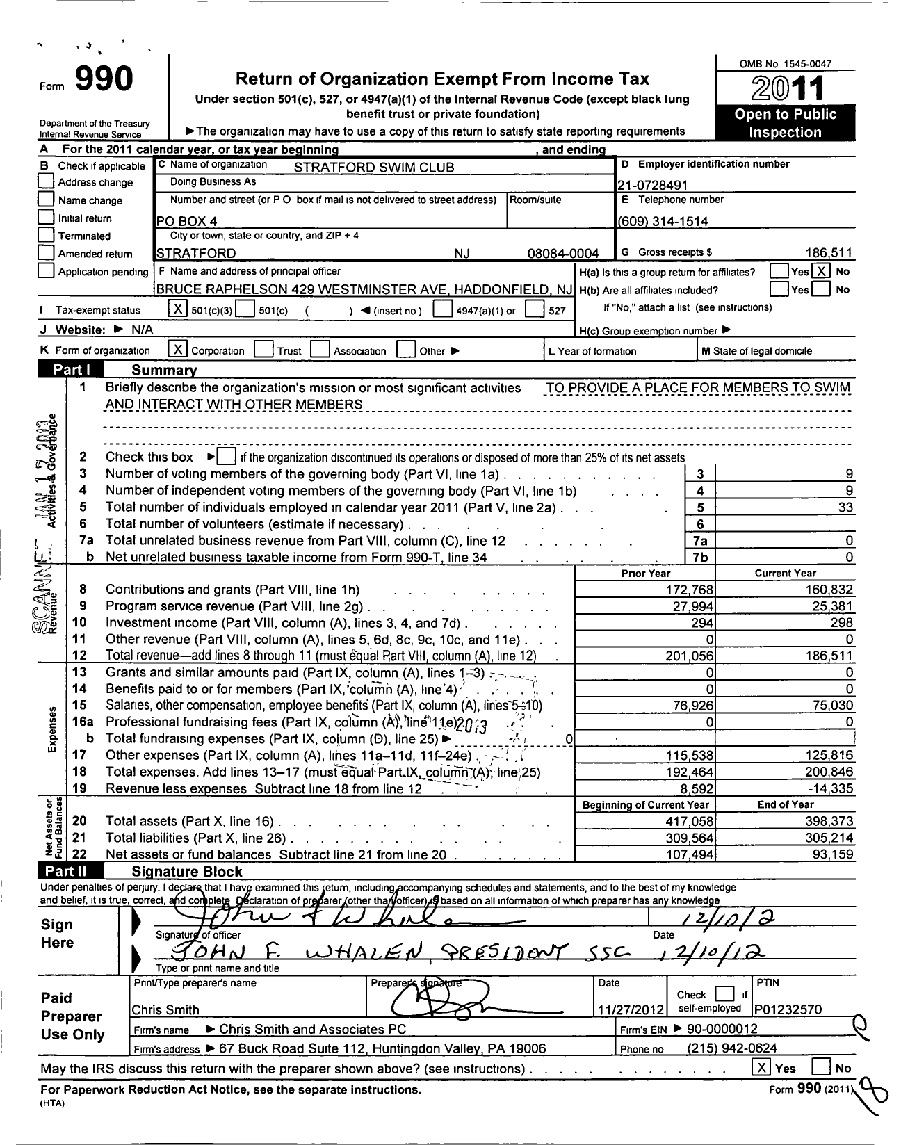 Image of first page of 2011 Form 990 for Stratford Swim Club