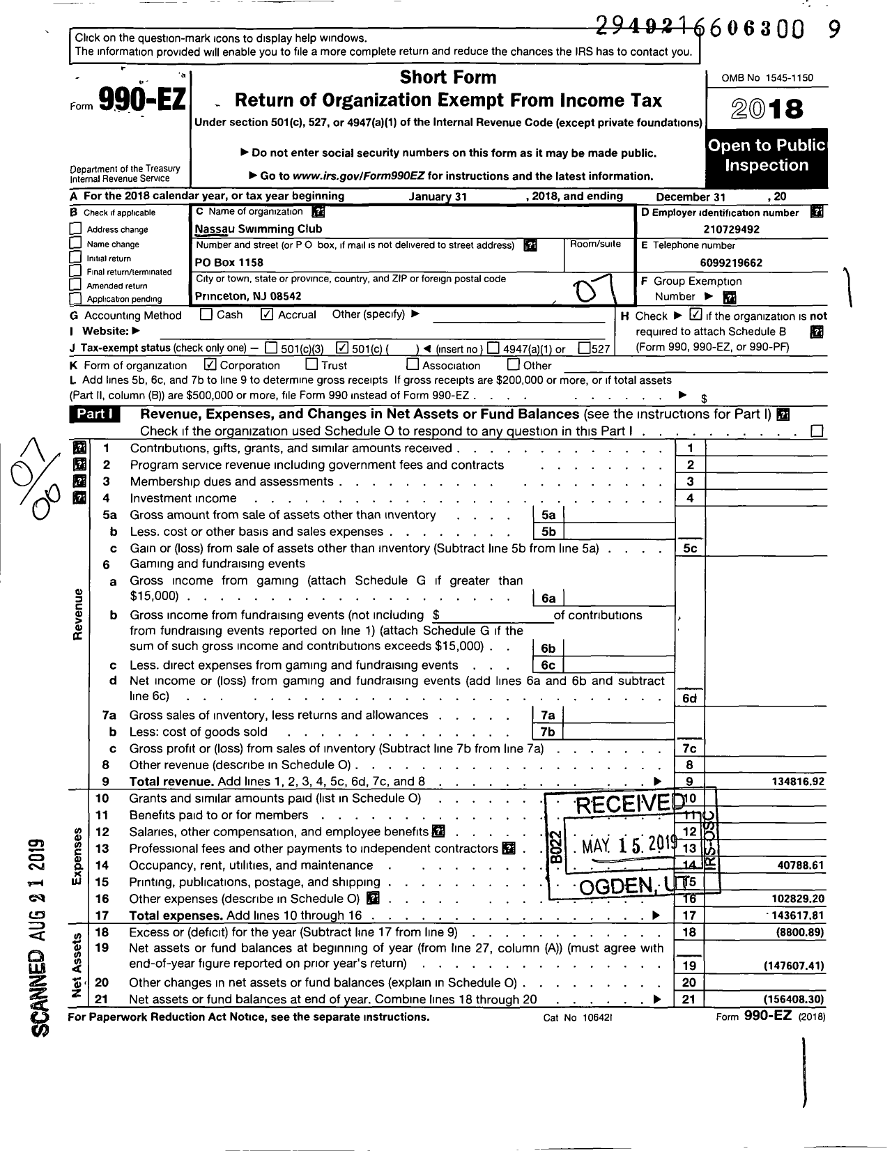 Image of first page of 2018 Form 990EO for Nassau Swimming Club