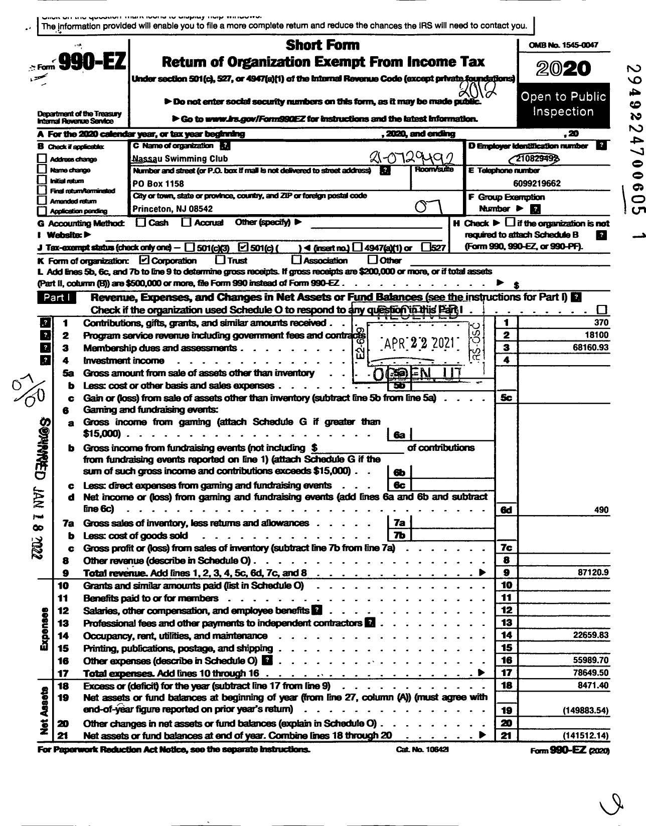 Image of first page of 2020 Form 990EO for Nassau Swimming Club