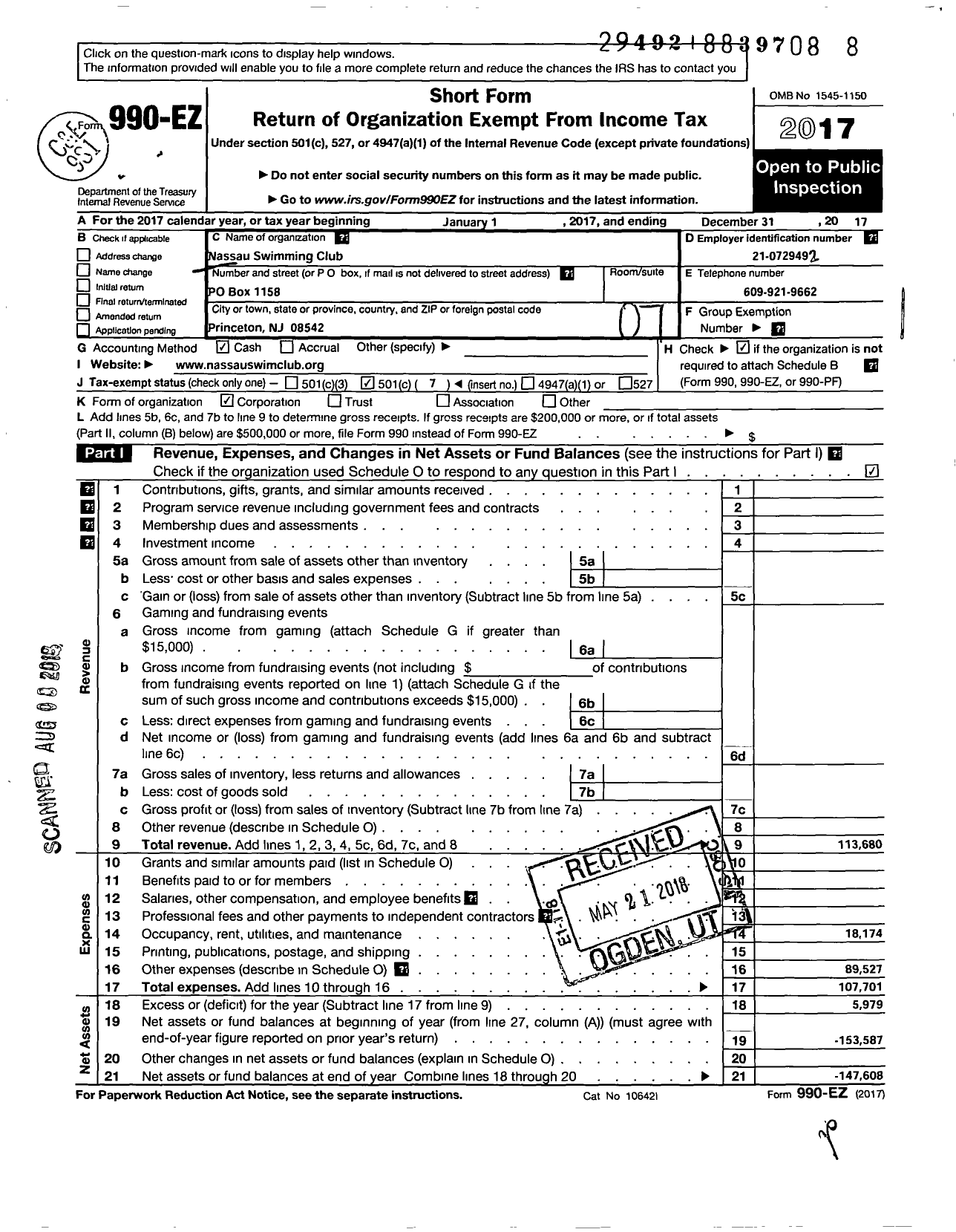 Image of first page of 2017 Form 990EO for Nassau Swimming Club