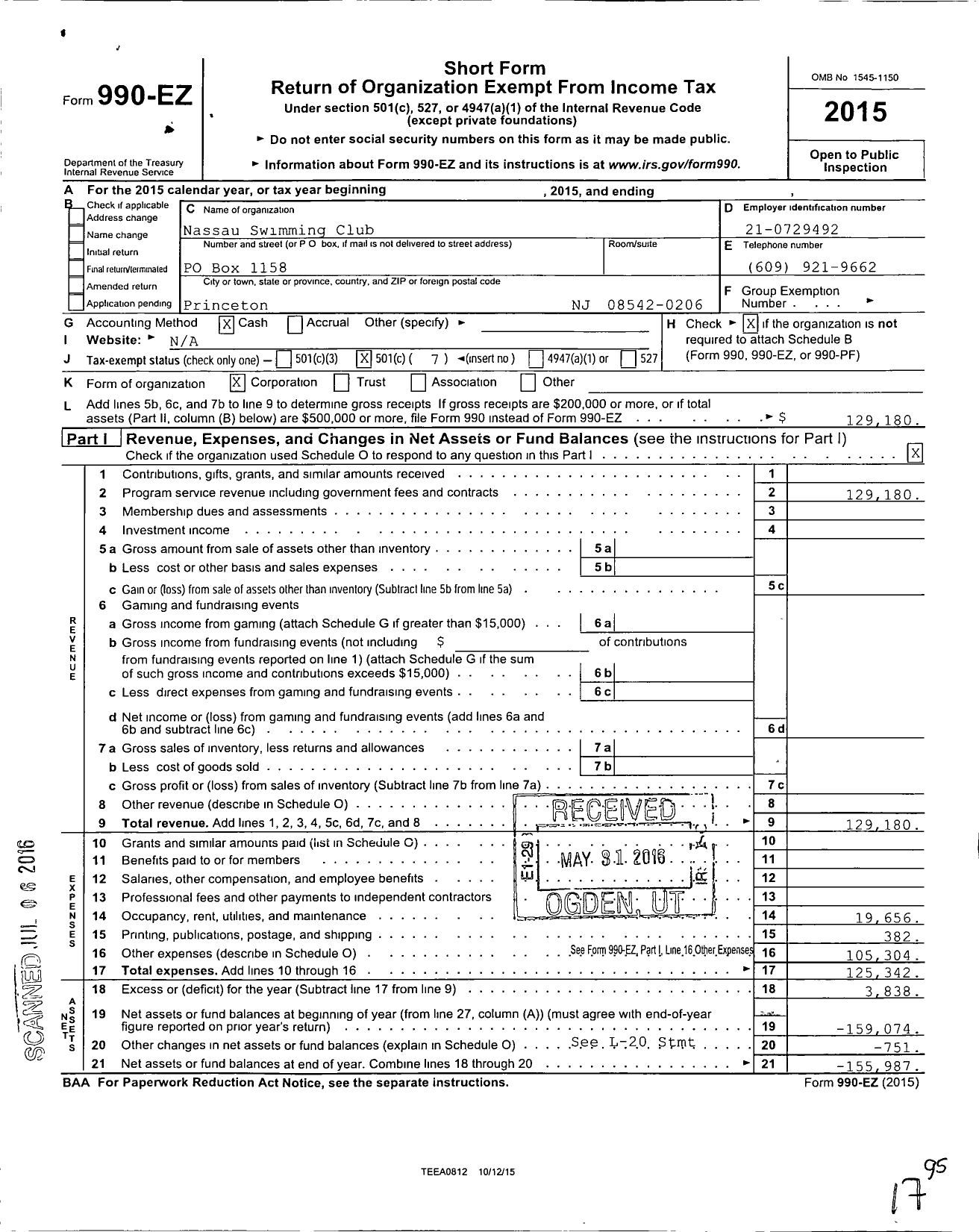 Image of first page of 2015 Form 990EO for Nassau Swimming Club