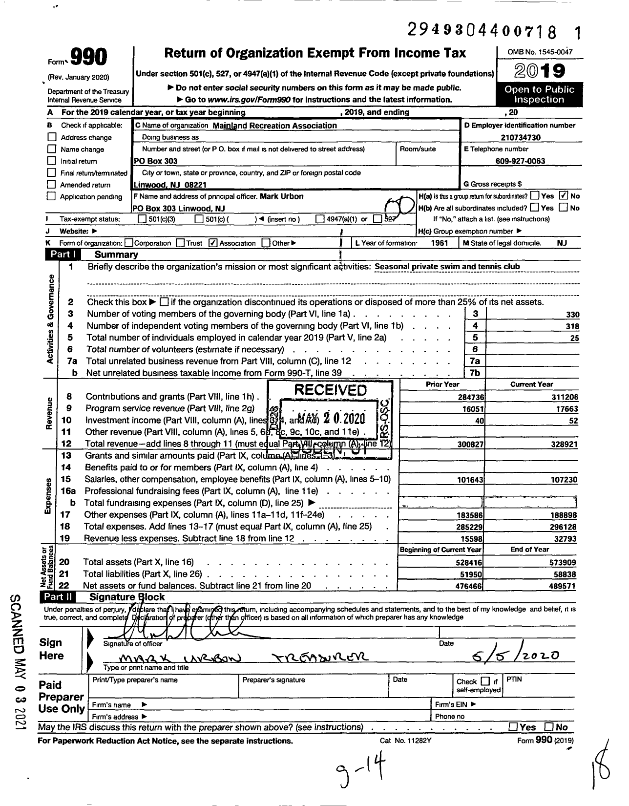 Image of first page of 2019 Form 990O for Mainland Recreation Association