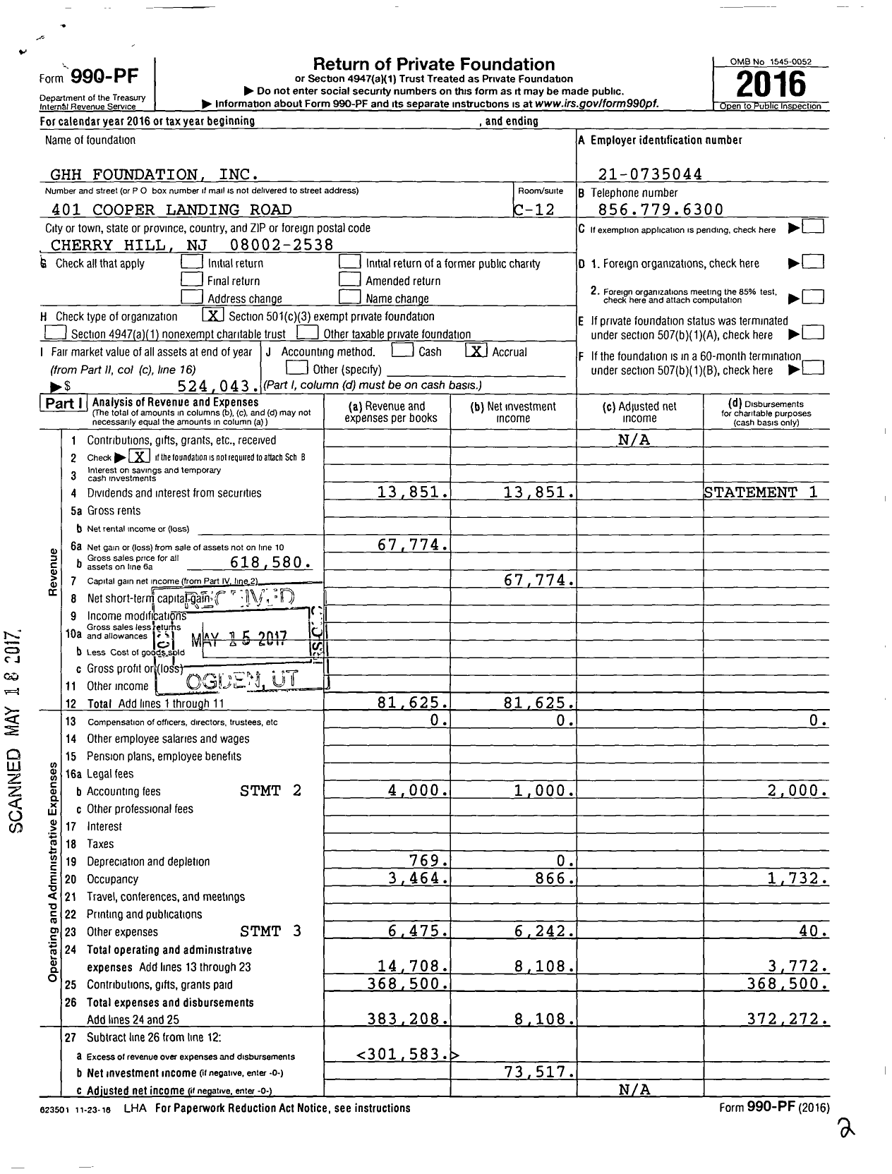 Image of first page of 2016 Form 990PF for GHH Foundation