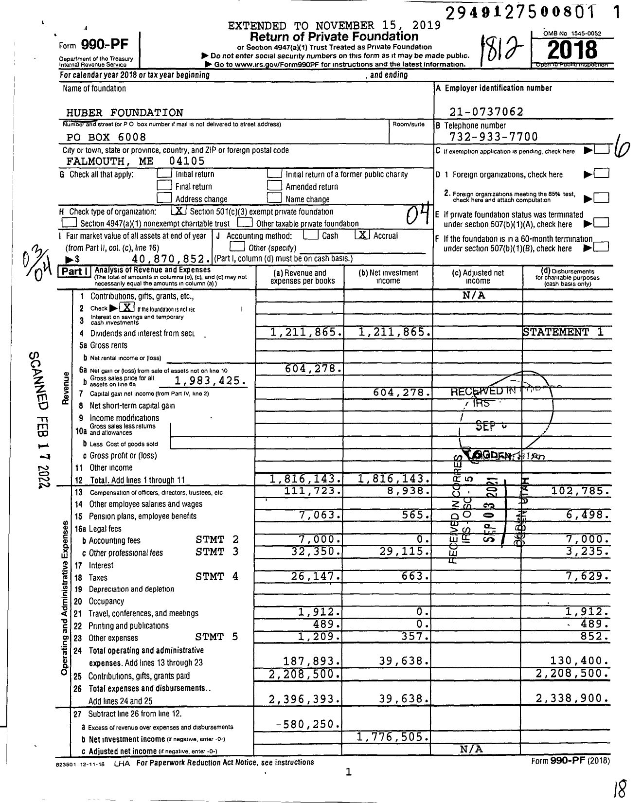 Image of first page of 2018 Form 990PF for Huber Foundation