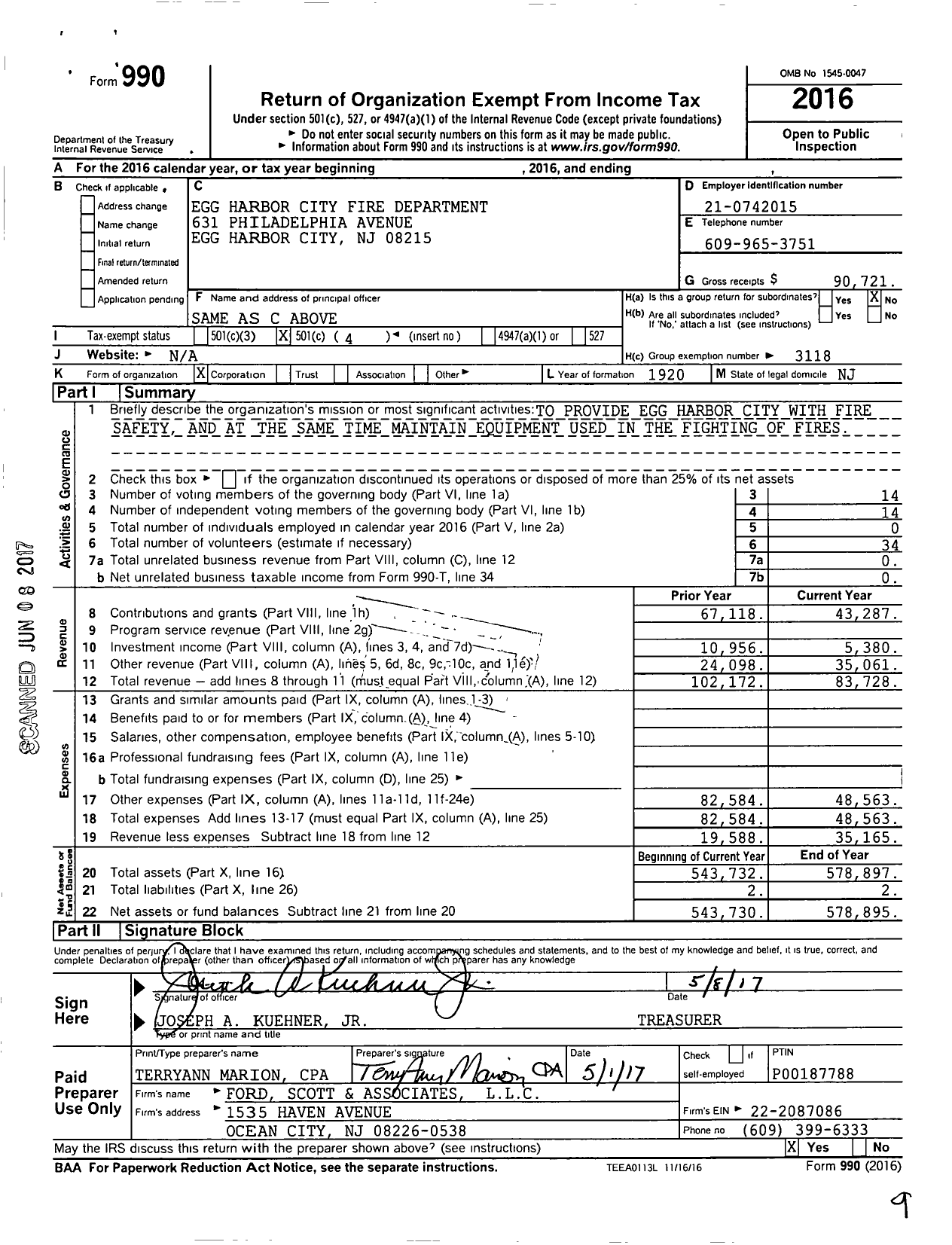 Image of first page of 2016 Form 990O for New Jersey State Firemen's Association - Egg Harbor City