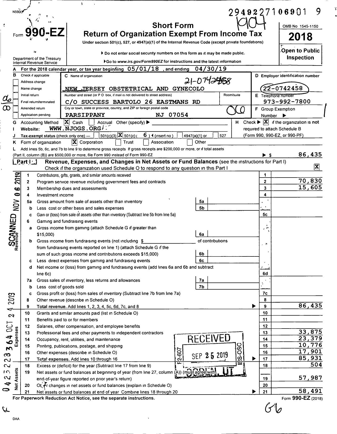 Image of first page of 2018 Form 990EO for New Jersey Obstetrical and Gynecological Society