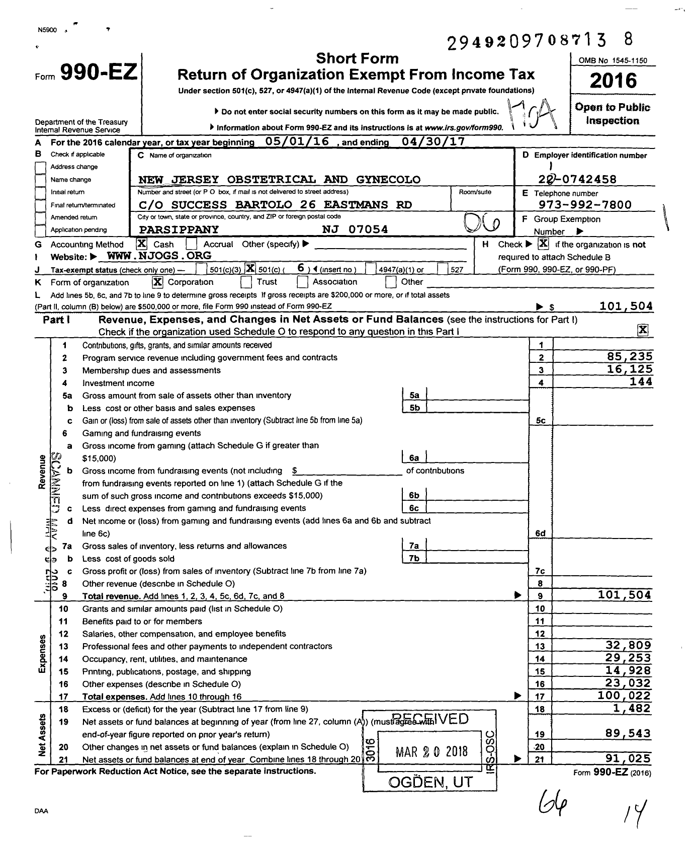 Image of first page of 2016 Form 990EO for New Jersey Obstetrical and Gynecological Society