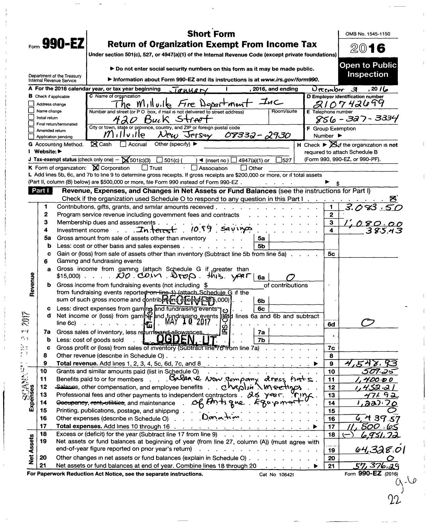 Image of first page of 2016 Form 990EZ for The Millville Fire Department