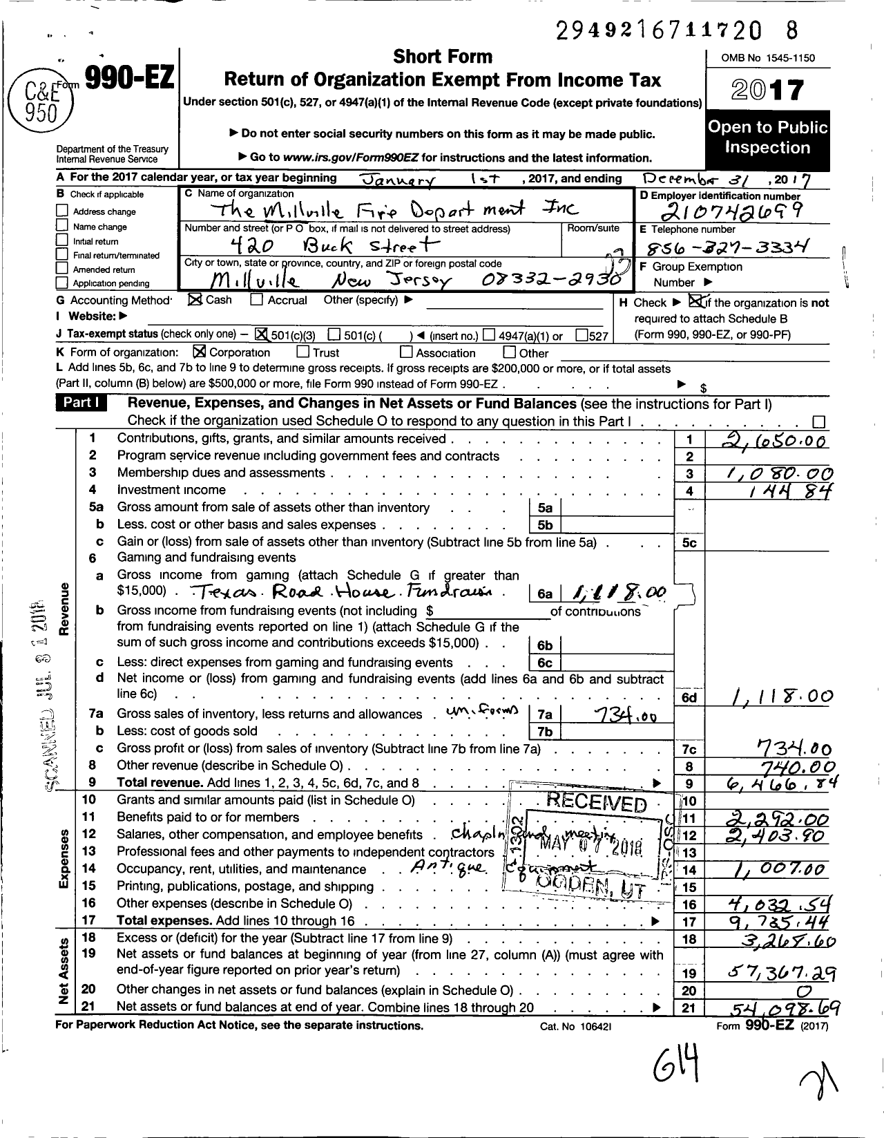 Image of first page of 2017 Form 990EZ for The Millville Fire Department