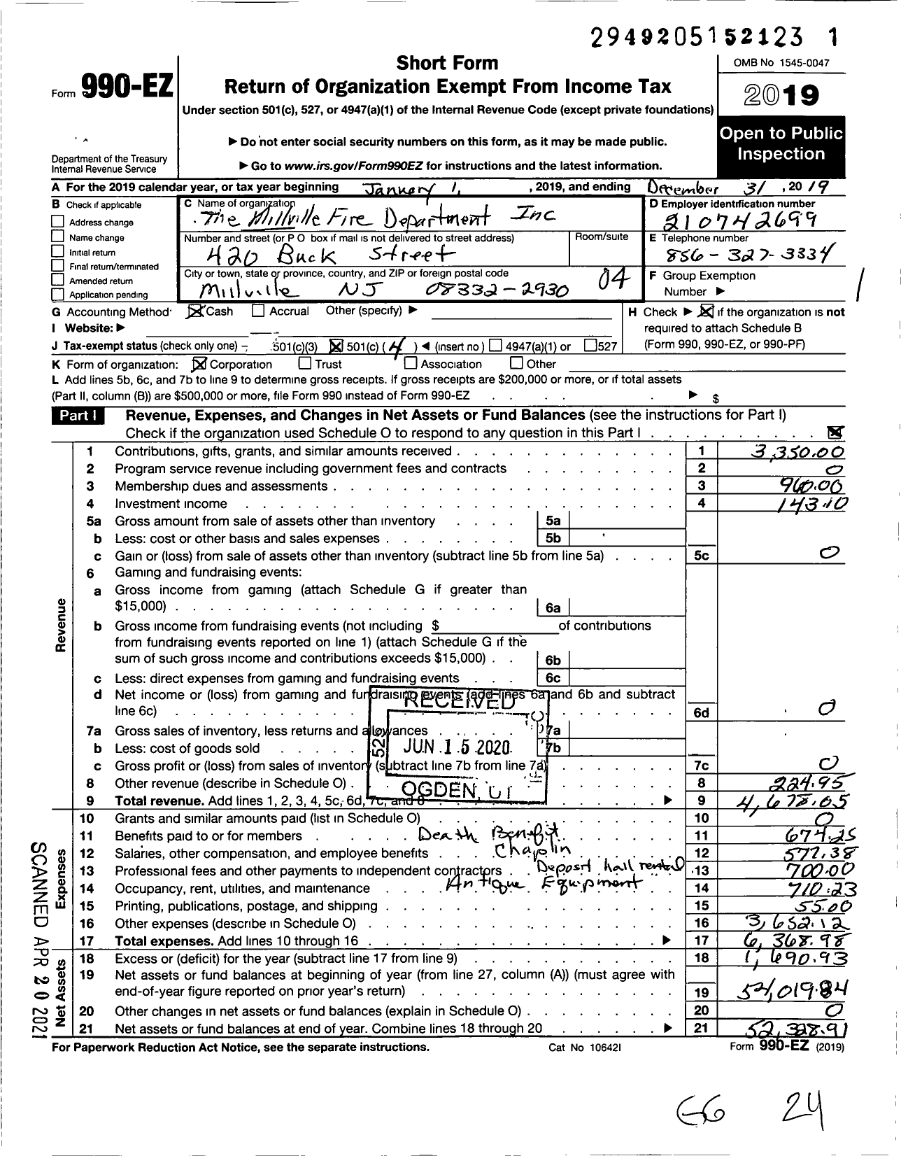 Image of first page of 2019 Form 990EO for The Millville Fire Department