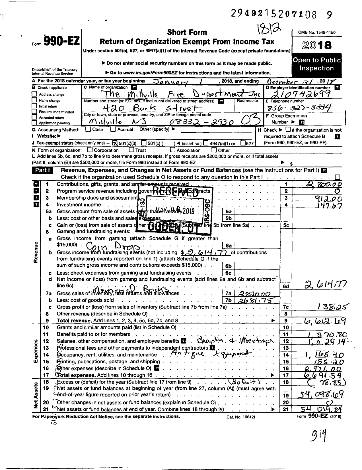 Image of first page of 2018 Form 990EZ for The Millville Fire Department