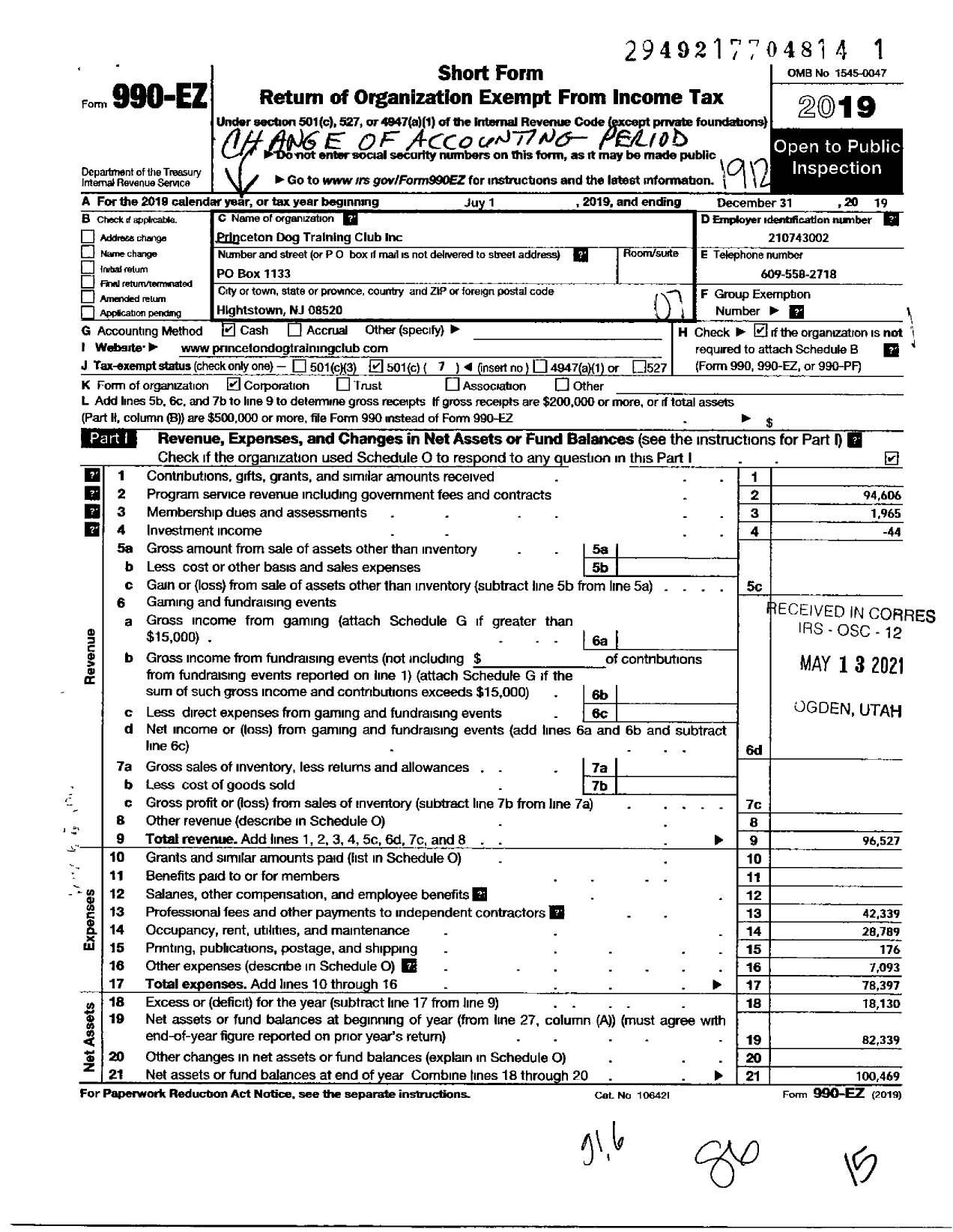 Image of first page of 2019 Form 990EO for Princeton Dog Training Club