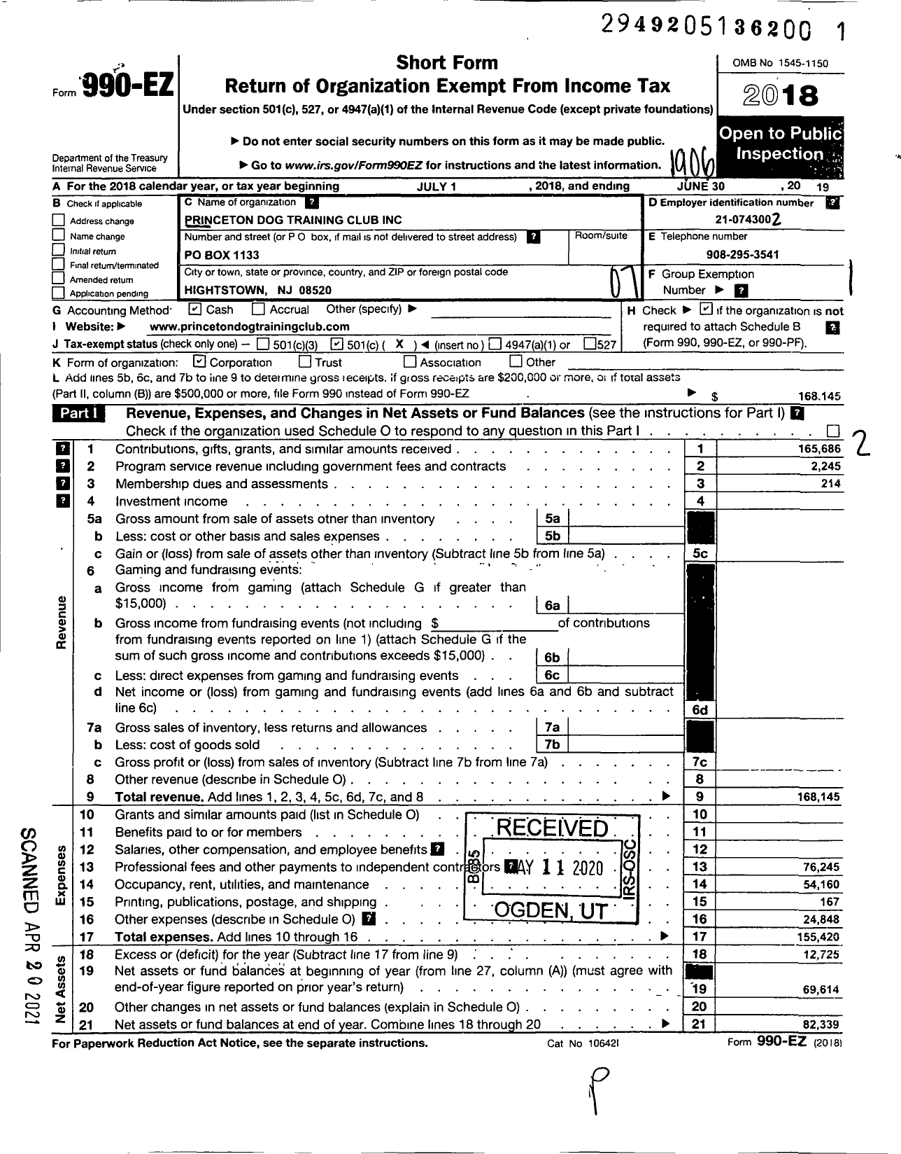 Image of first page of 2018 Form 990EO for Princeton Dog Training Club