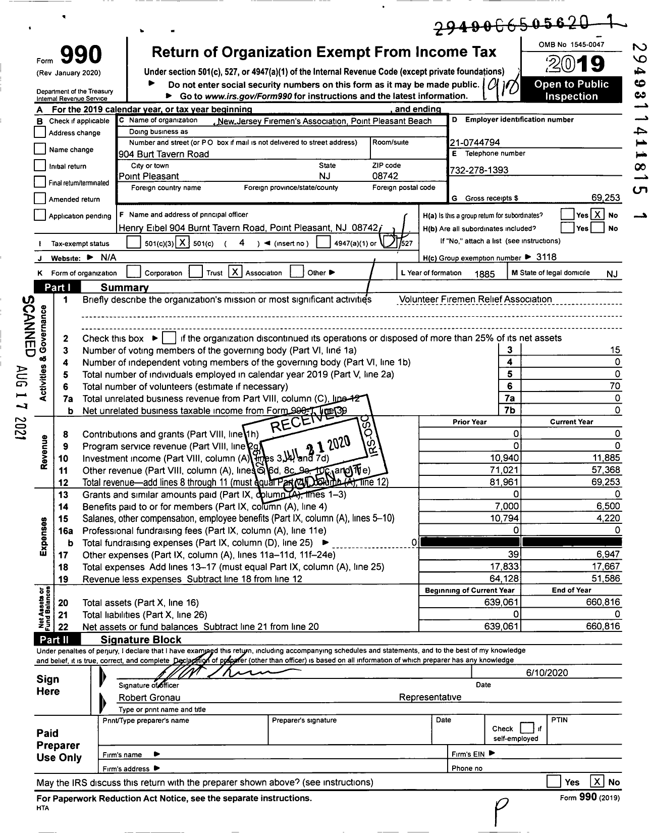 Image of first page of 2019 Form 990O for New Jersey State Firemen's Association - Point Pleasant Beach