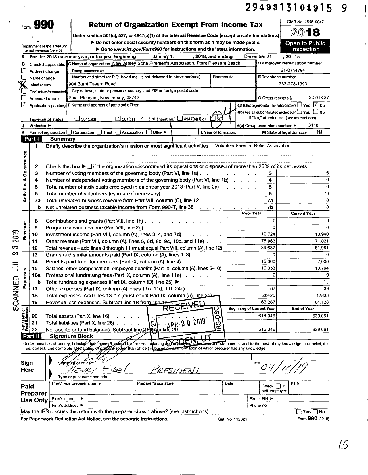 Image of first page of 2018 Form 990O for New Jersey State Firemen's Association - Point Pleasant Beach