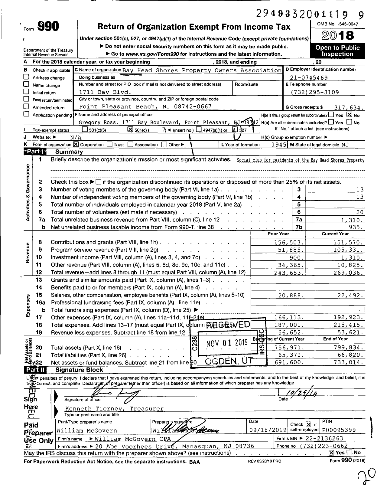 Image of first page of 2018 Form 990O for Bay Head Shores Property Owners Association