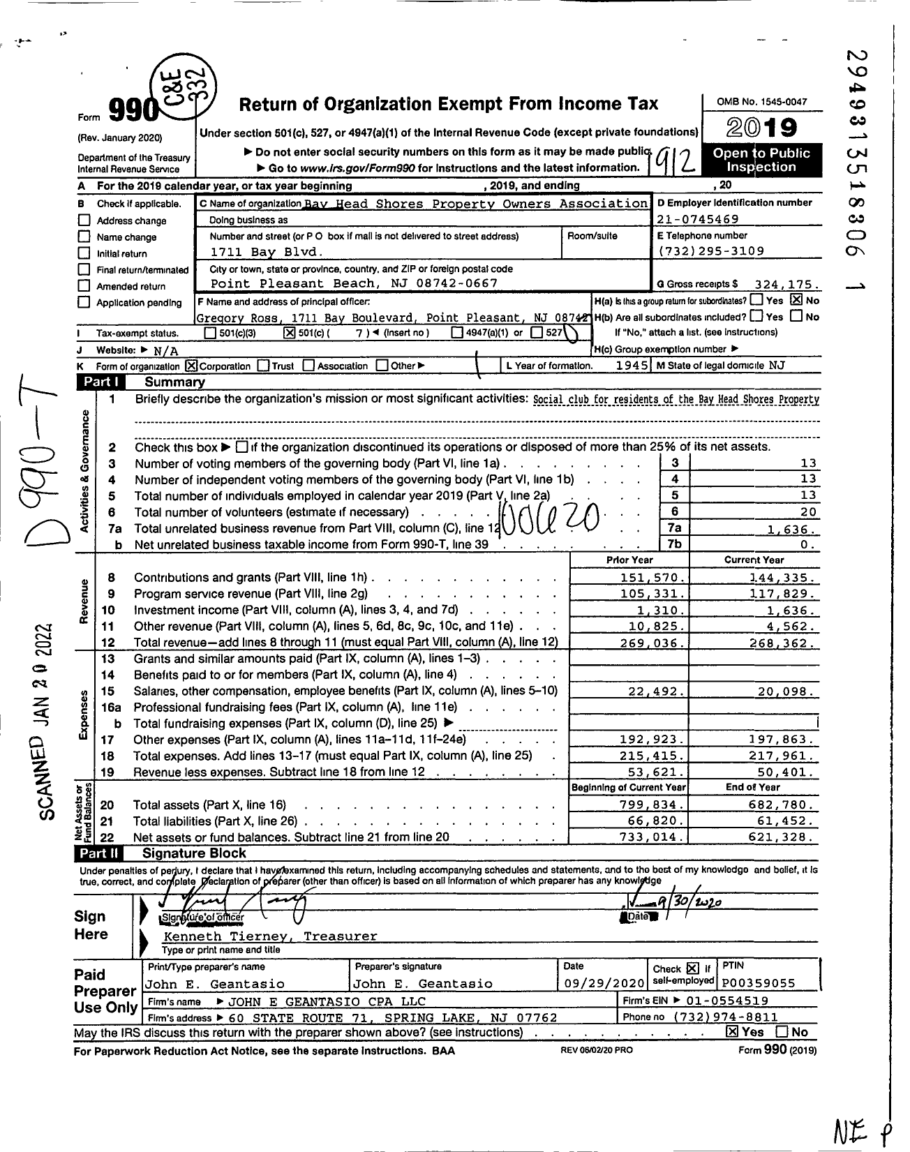 Image of first page of 2019 Form 990O for Bay Head Shores Property Owners Association