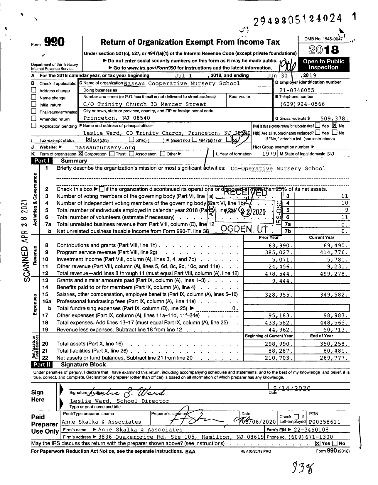 Image of first page of 2018 Form 990 for Nassau Cooperative Nursery School