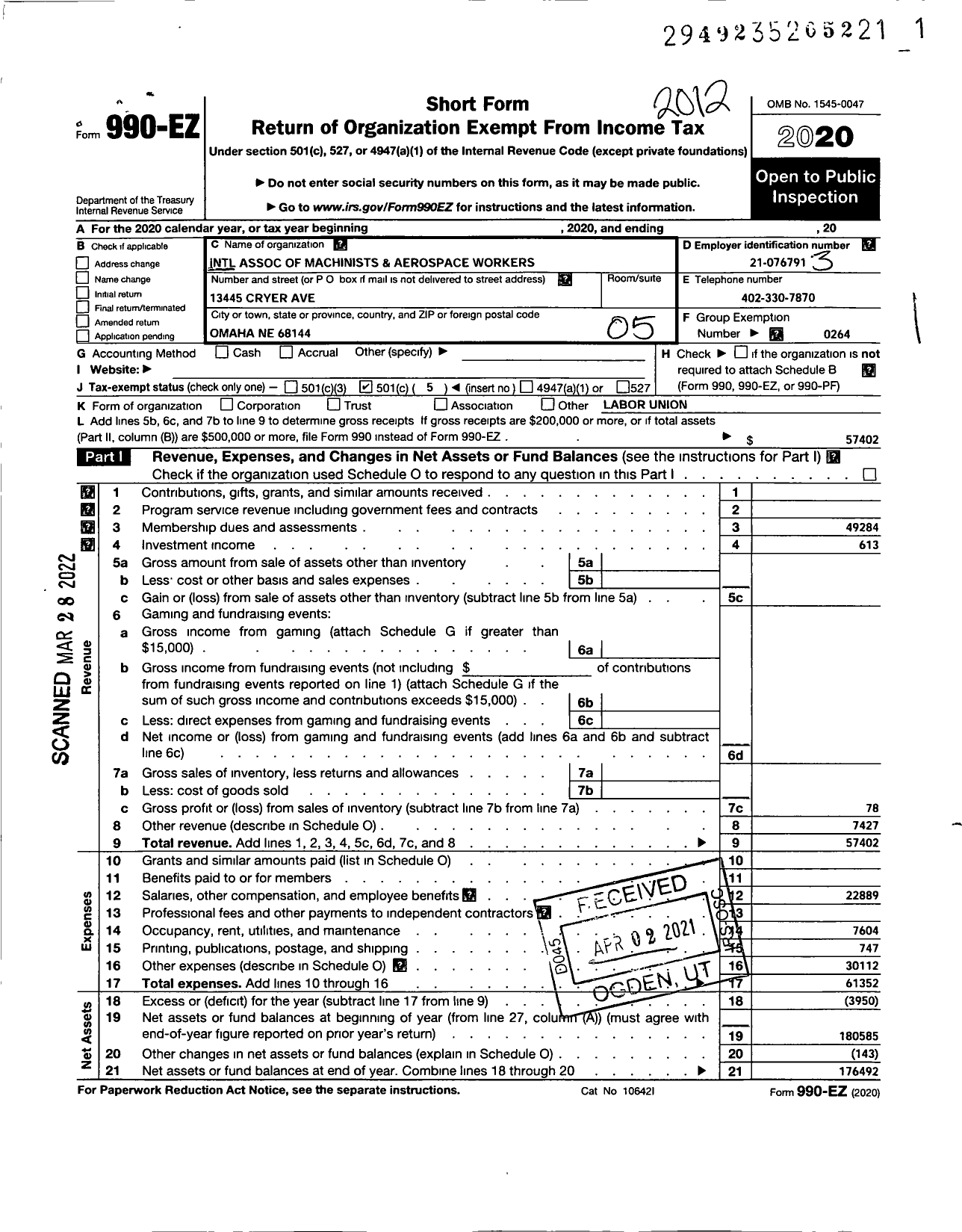 Image of first page of 2020 Form 990EO for International Association of Machinists and Aerospace Workers - 31 Local Lodge