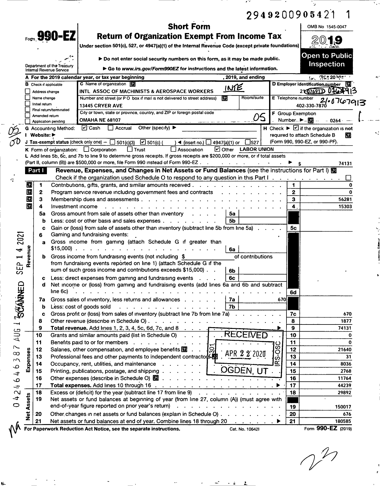 Image of first page of 2019 Form 990EO for International Association of Machinists and Aerospace Workers - 31 Local Lodge