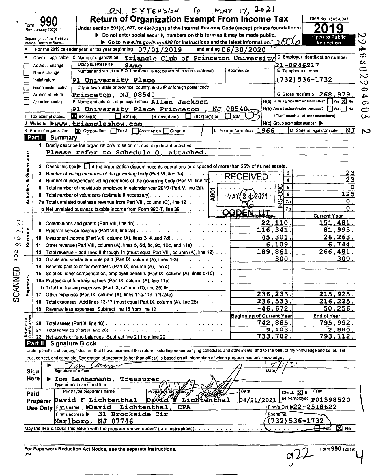 Image of first page of 2019 Form 990 for Triangle Club of Princeton University