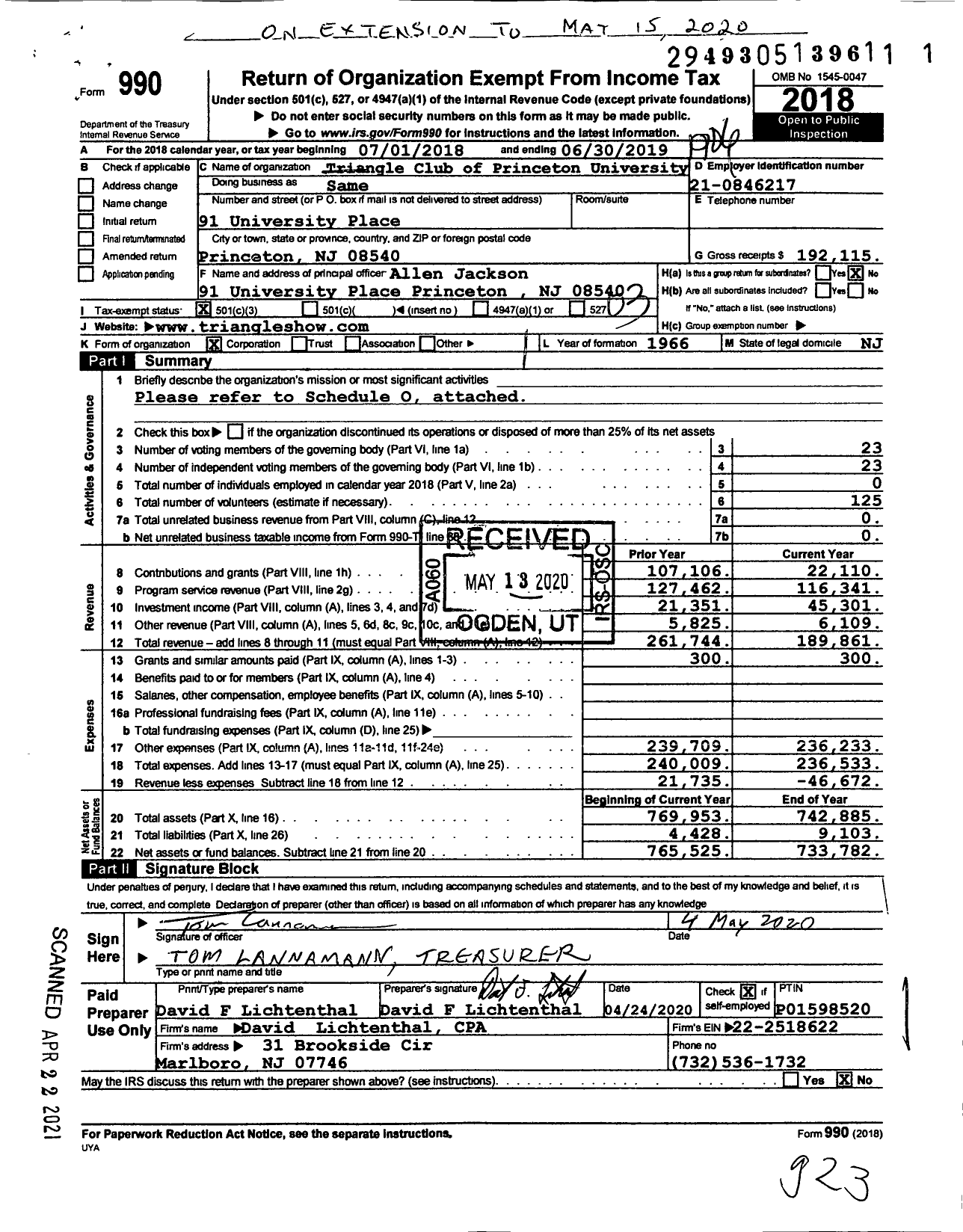 Image of first page of 2018 Form 990 for Triangle Club of Princeton University