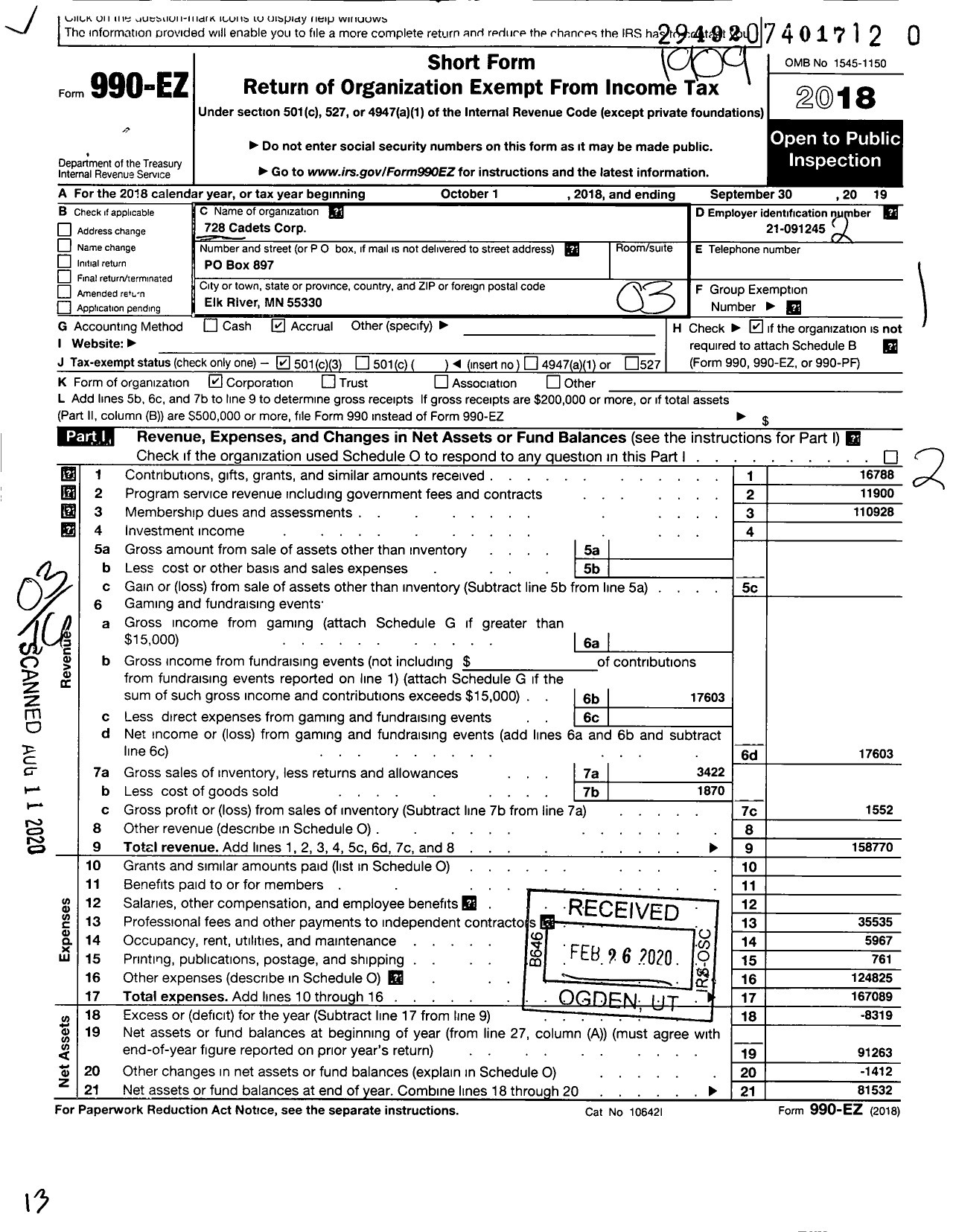 Image of first page of 2018 Form 990EZ for 728 Cadets Corporation