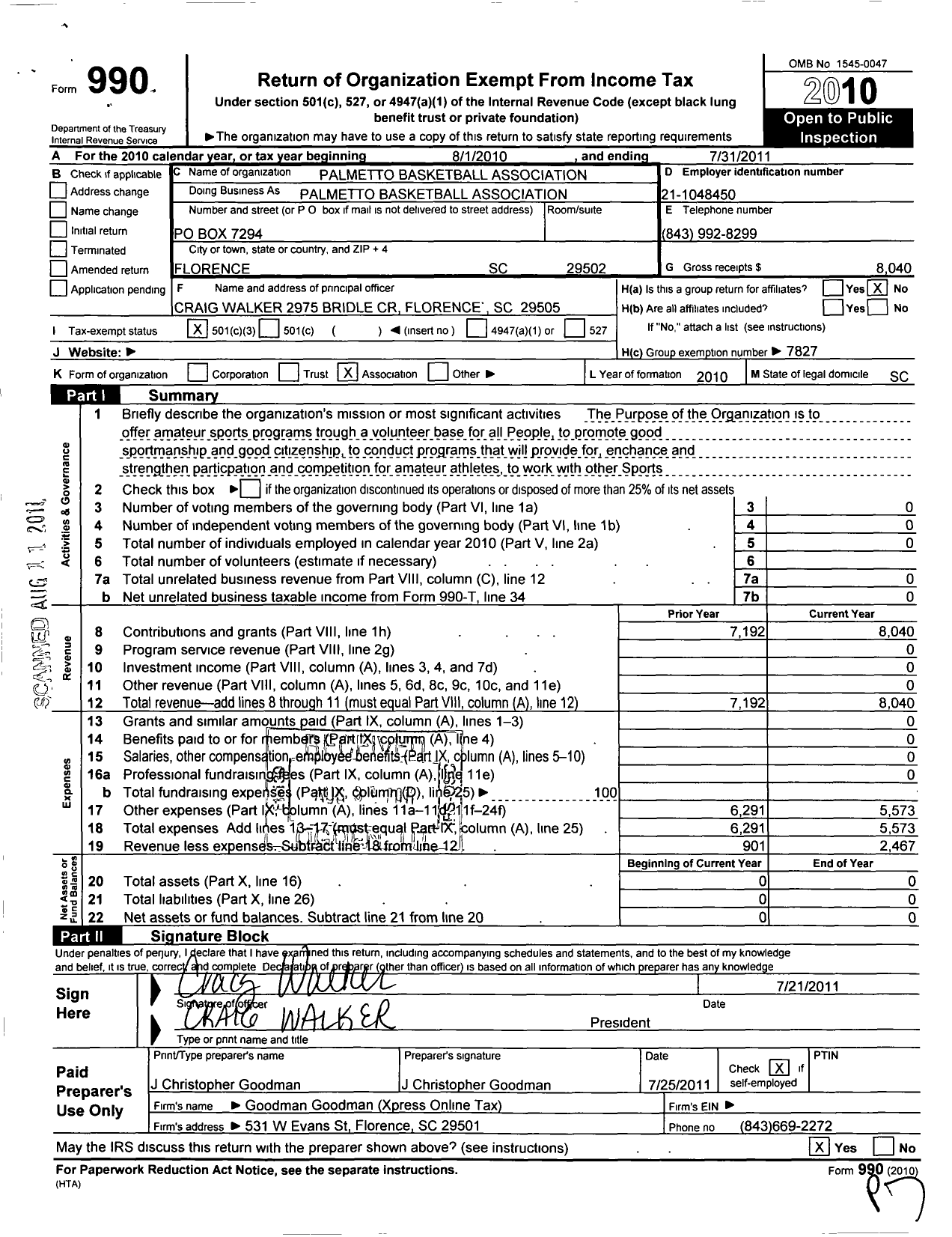 Image of first page of 2010 Form 990 for Palmetto Housing and Rehabilitation