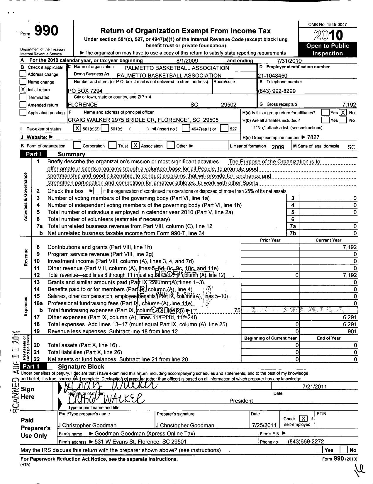 Image of first page of 2009 Form 990 for Palmetto Housing and Rehabilitation