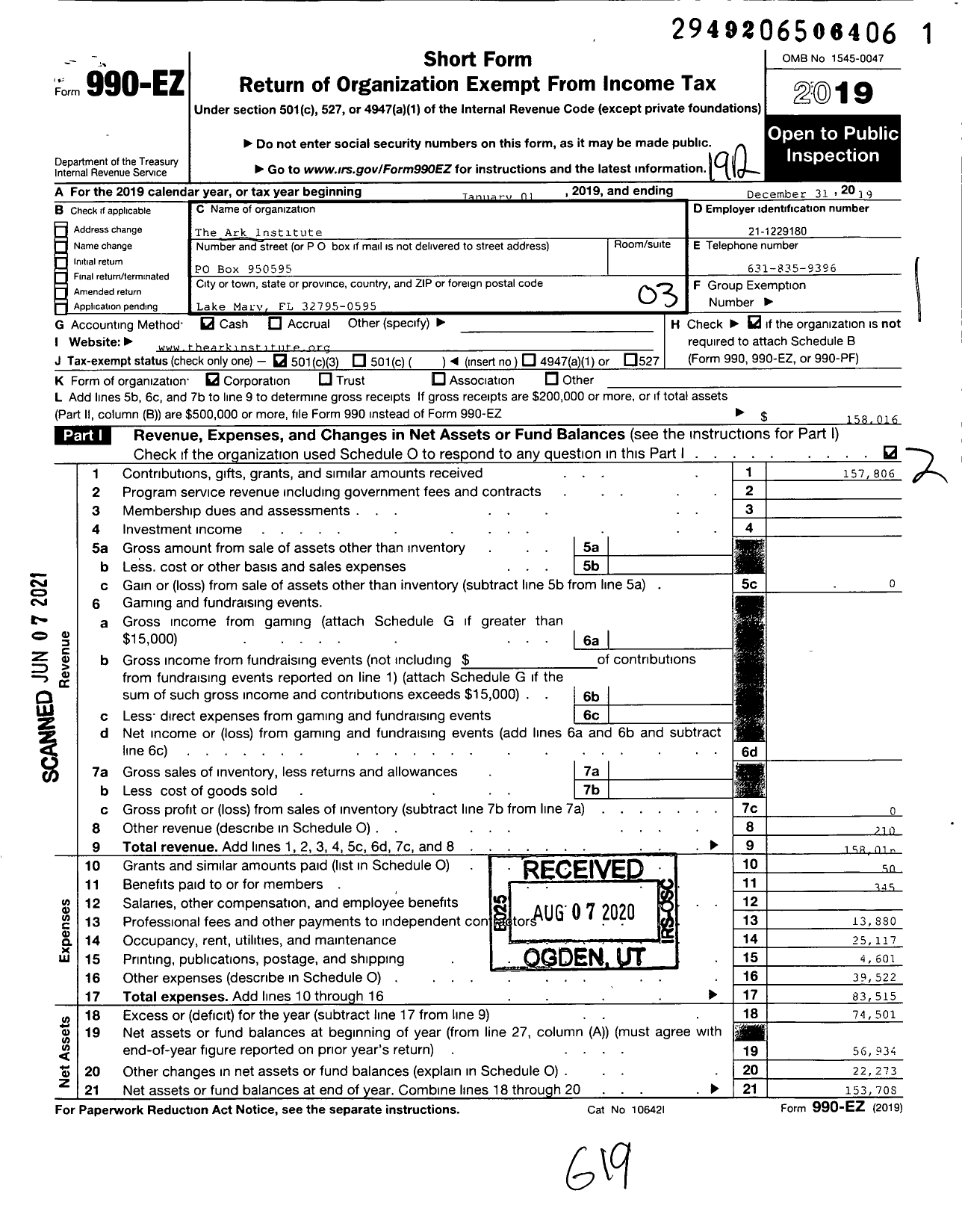 Image of first page of 2019 Form 990EZ for The Ark Institute